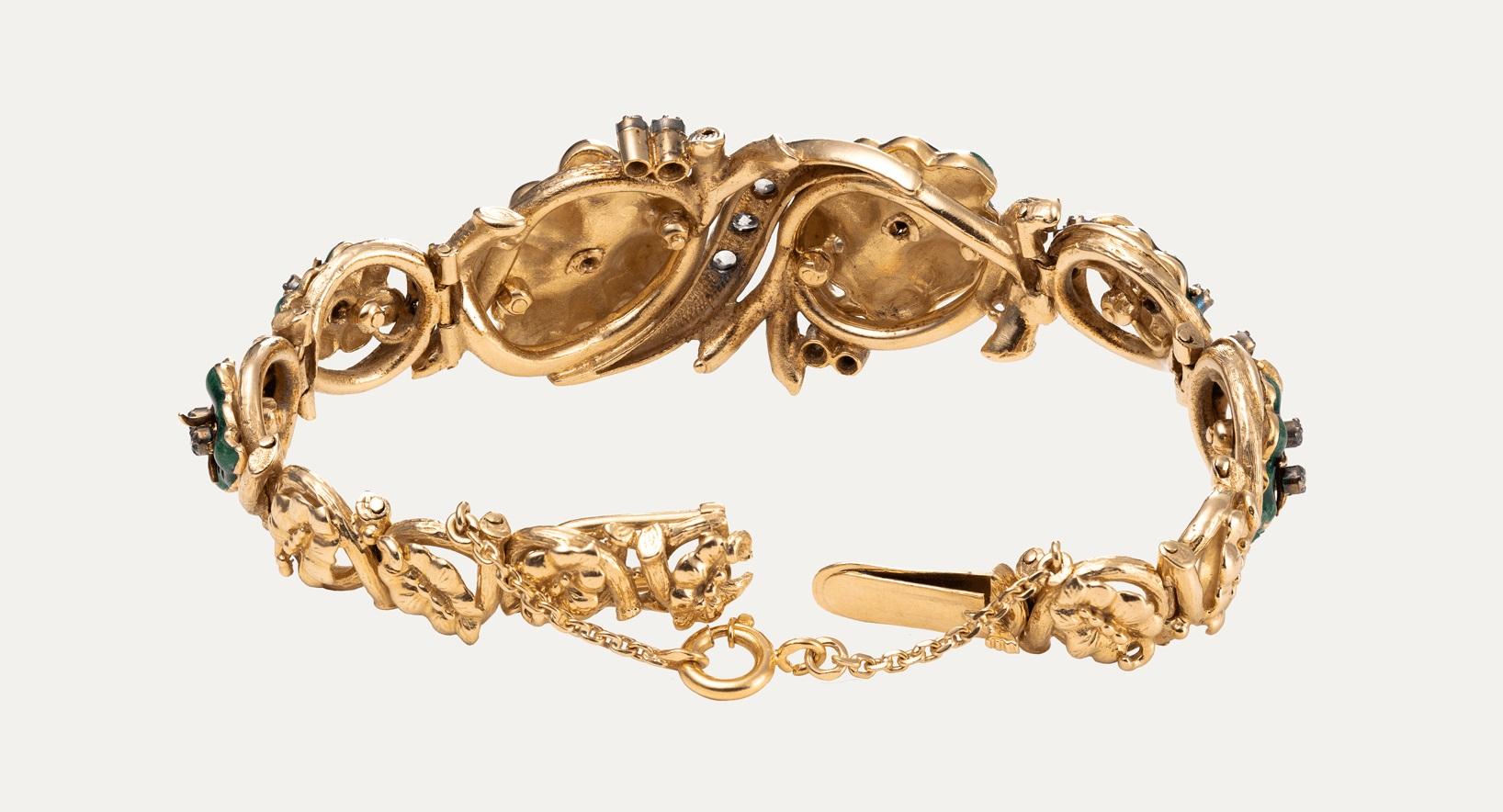 Bracciale d'oro con diamanti e smalto verde Art Nouveau in vendita 3