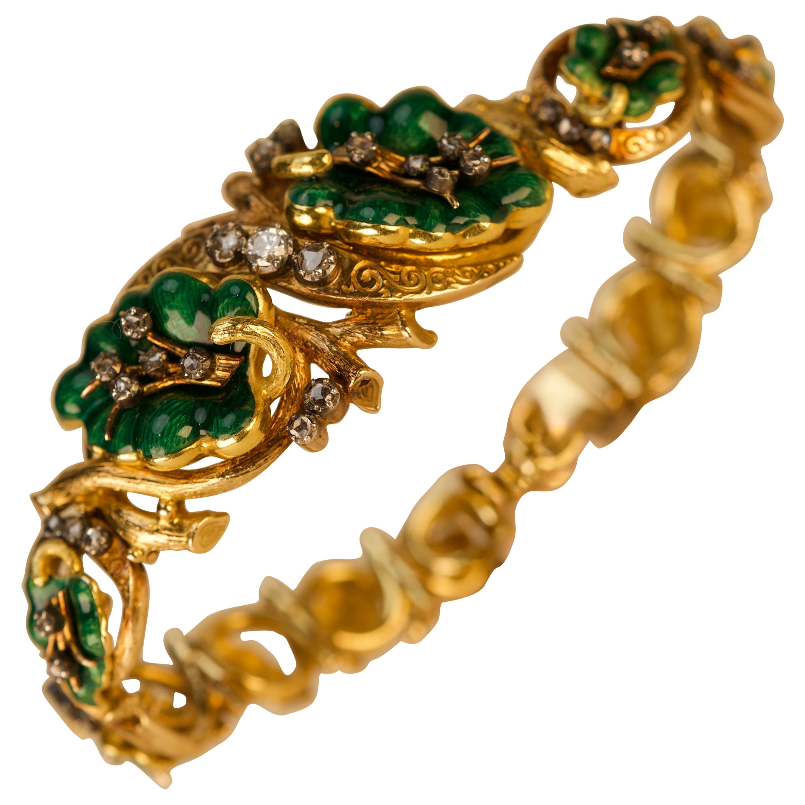 Art Nouveau - Bracelet en diamant, émail vert et or