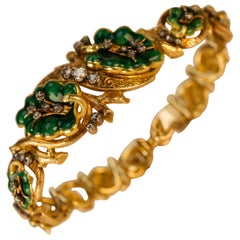 Art Nouveau Diamond Green Enamel Gold Bracelet