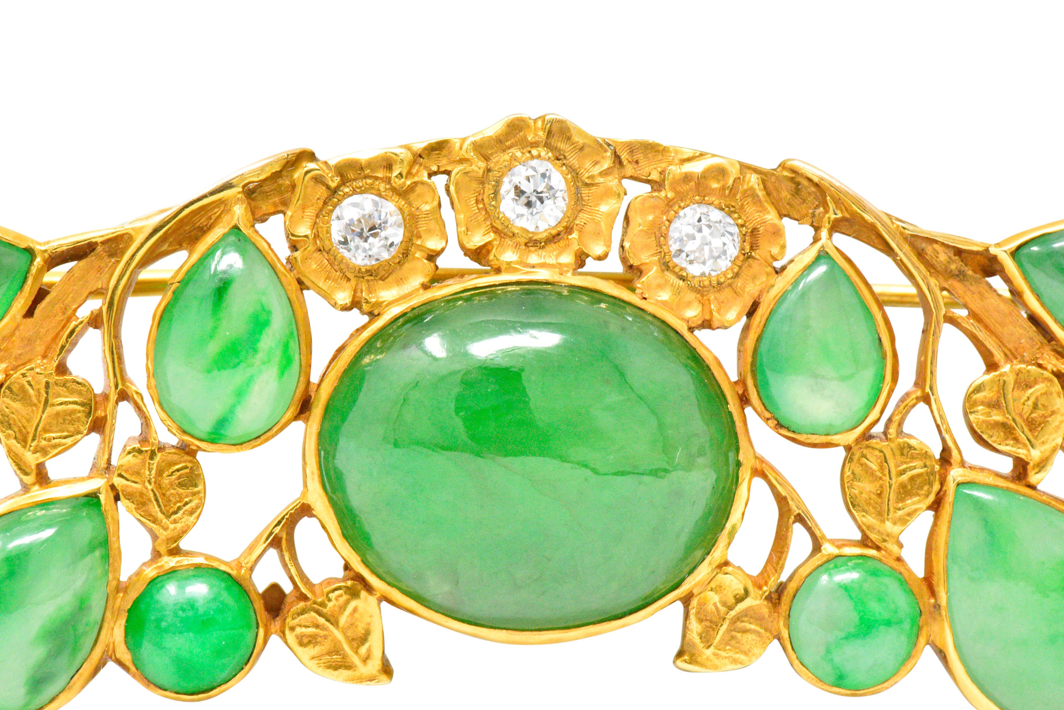 Art Nouveau Jade Diamond 18 Karat Gold Vined Floral Brooch GIA In Excellent Condition In Philadelphia, PA