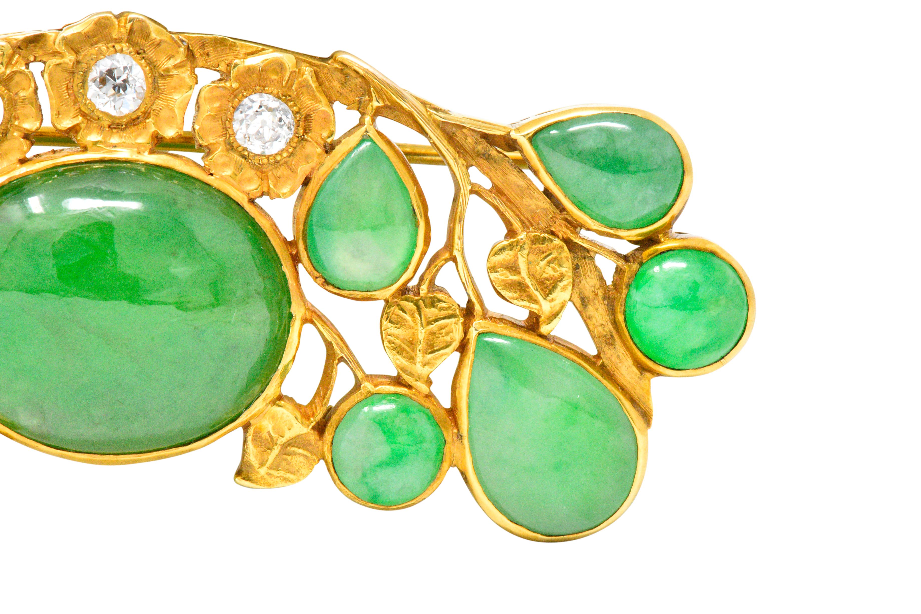 Women's or Men's Art Nouveau Jade Diamond 18 Karat Gold Vined Floral Brooch GIA