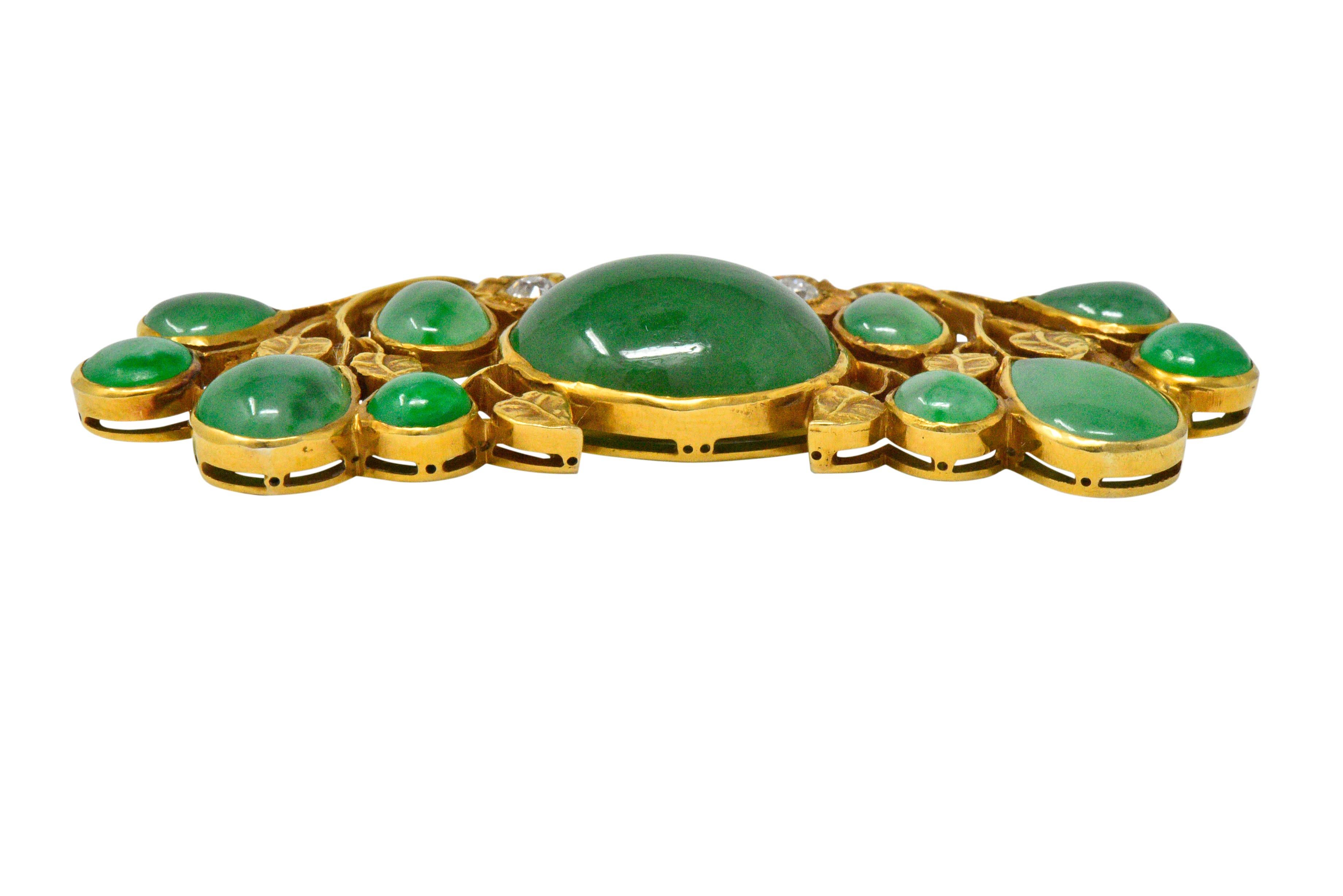 Art Nouveau Jade Diamond 18 Karat Gold Vined Floral Brooch GIA 1