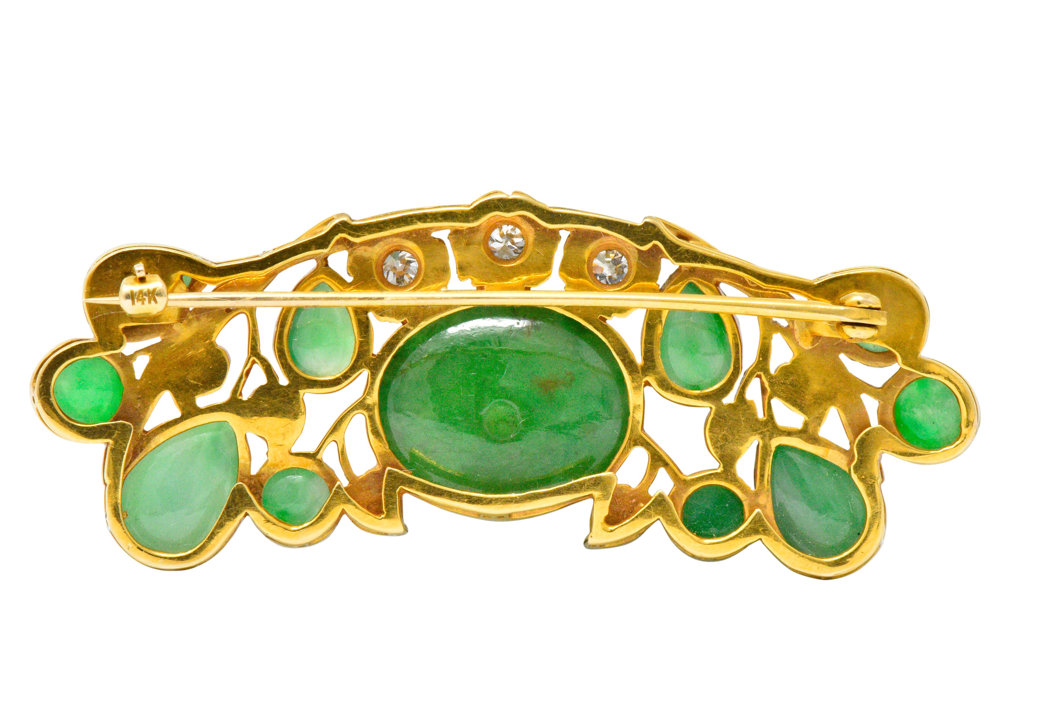 Art Nouveau Jade Diamond 18 Karat Gold Vined Floral Brooch GIA 3