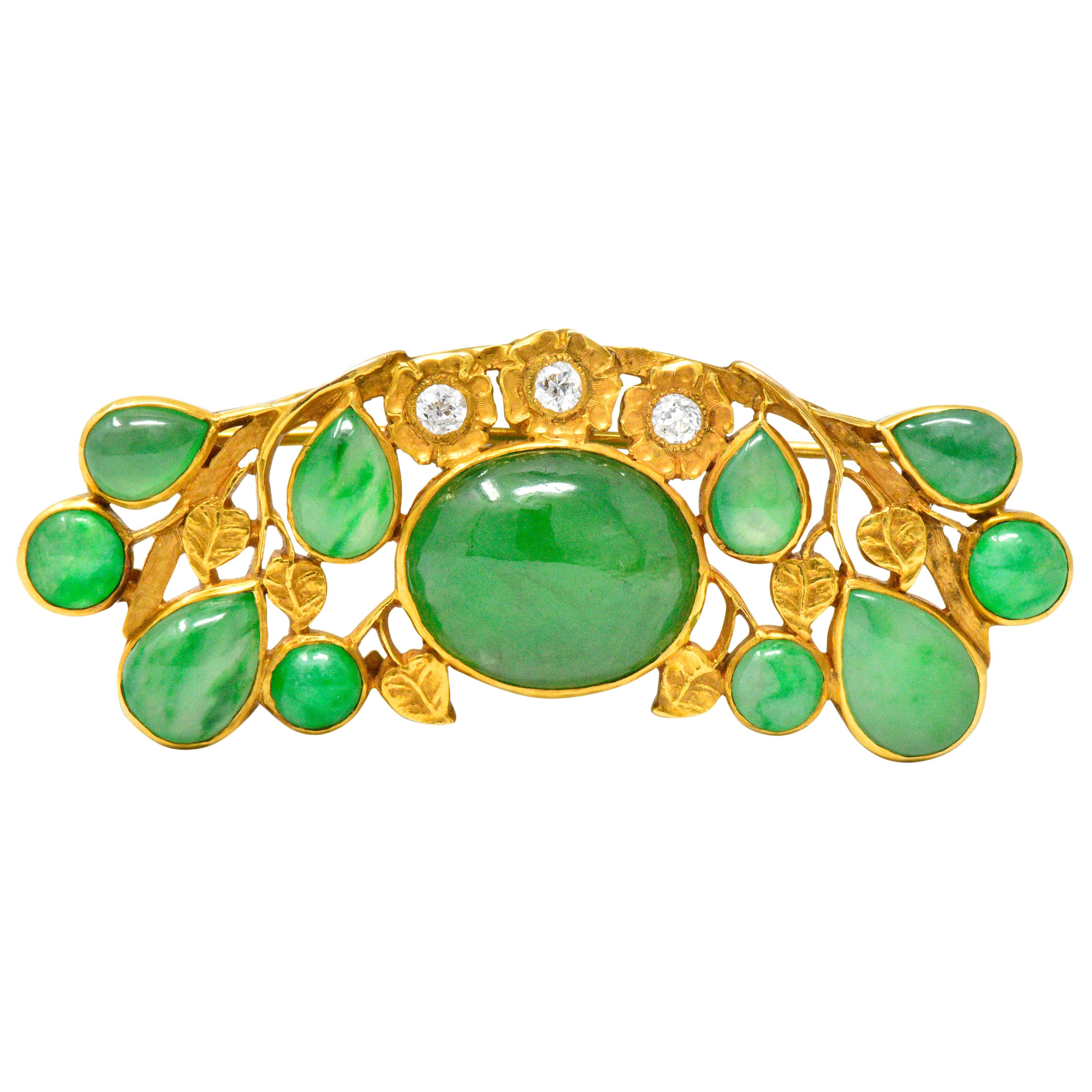 Art Nouveau Jade Diamond 18 Karat Gold Vined Floral Brooch GIA