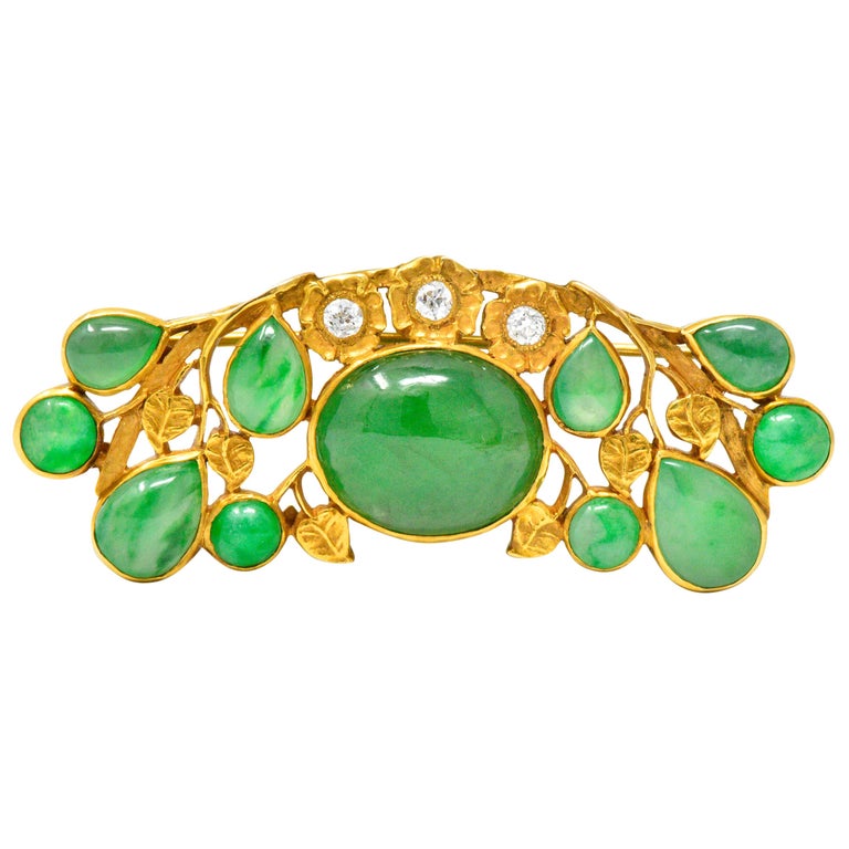 Art Nouveau Diamond Jadeite Jade 18 Karat Gold Brooch GIA For Sale at