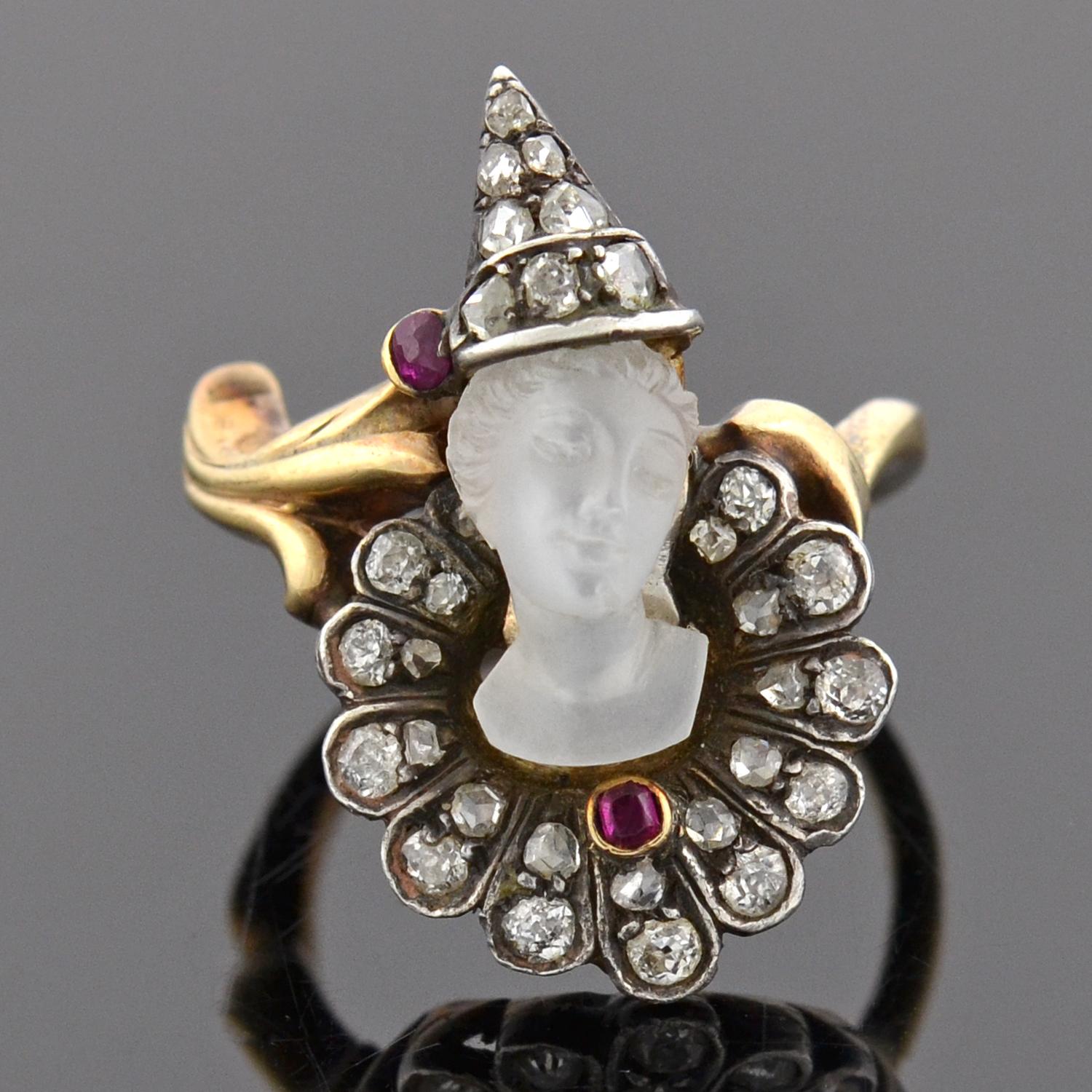 Women's Art Nouveau Diamond, Moonstone, and Ruby Cameo 