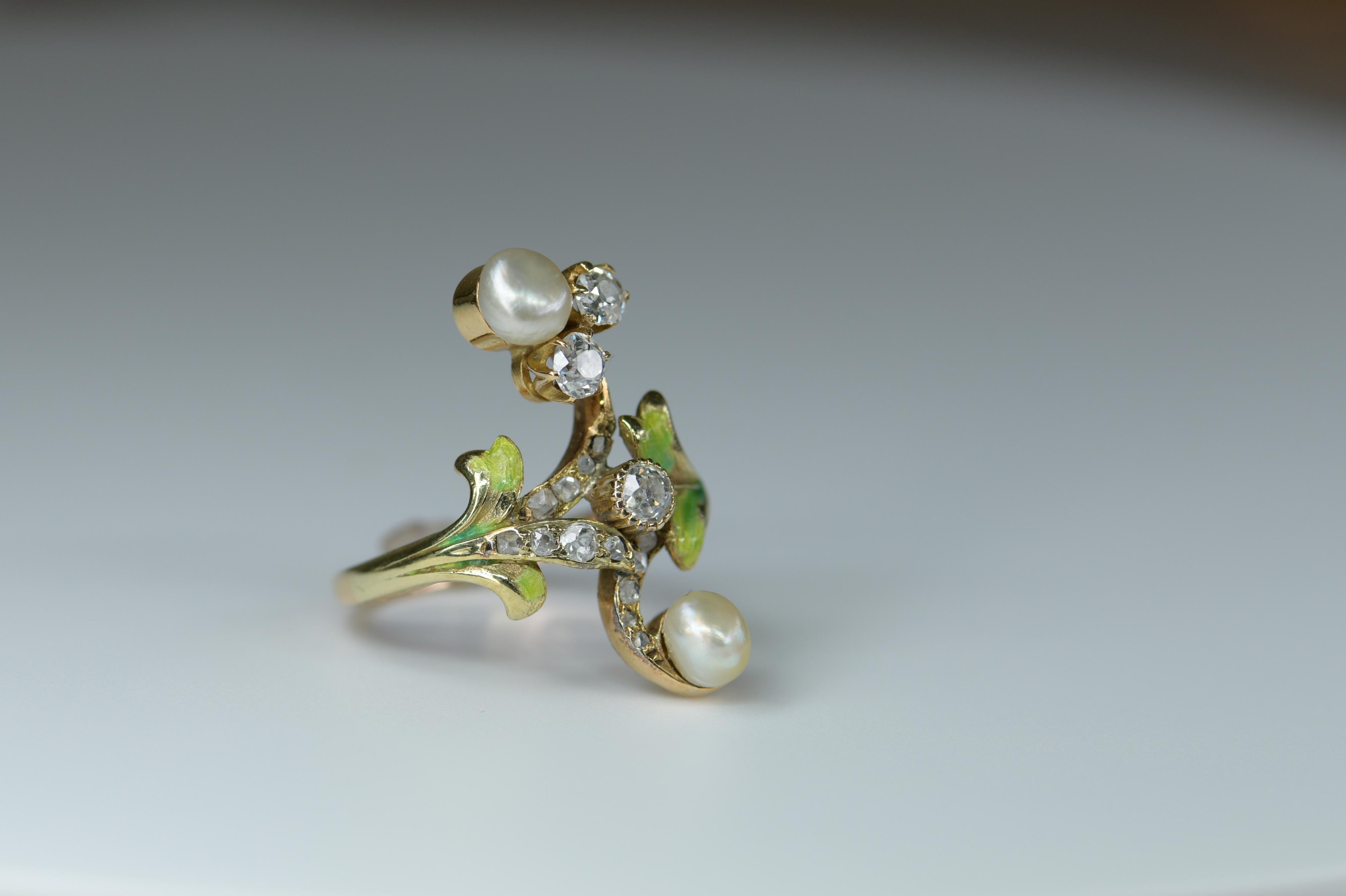 Old European Cut Art Nouveau Diamond and Natural Pearl Plique A Jour Enamel Antique Ring