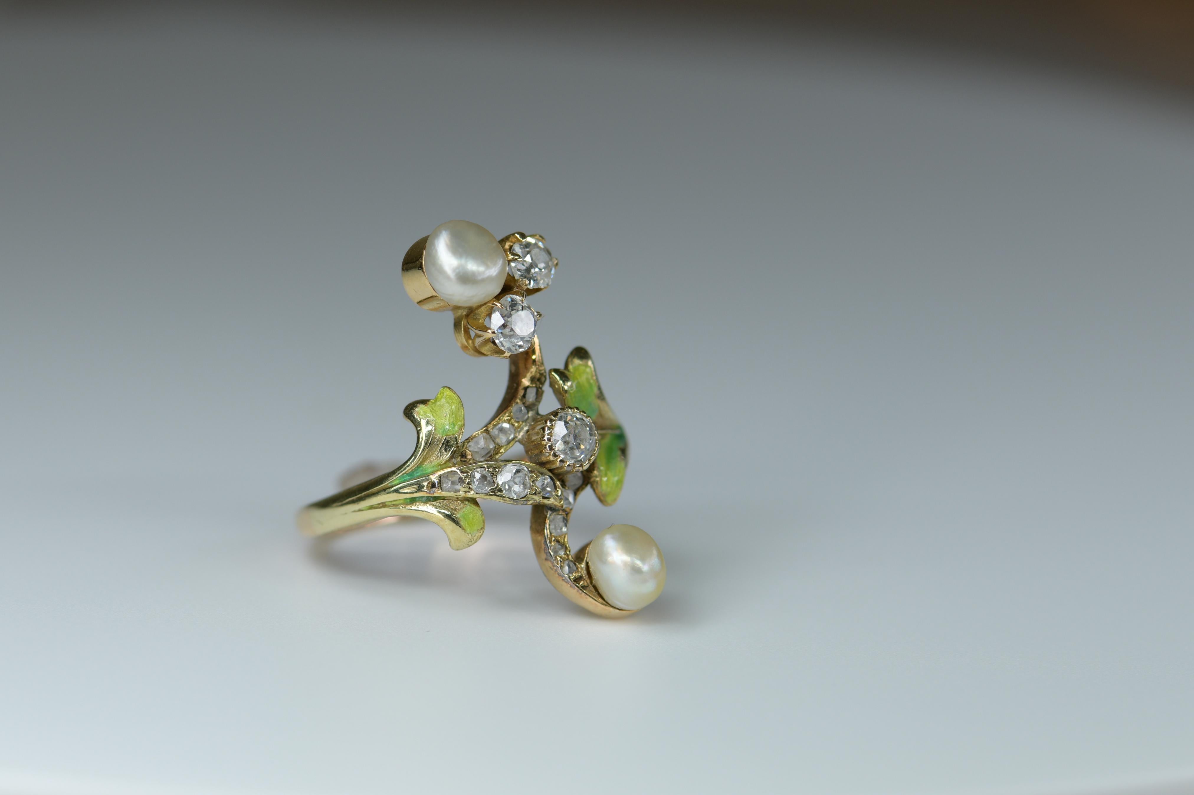 Art Nouveau Diamant und Naturperle Plique A Jour Emaille Antiker Ring (Alteuropäischer Schliff)