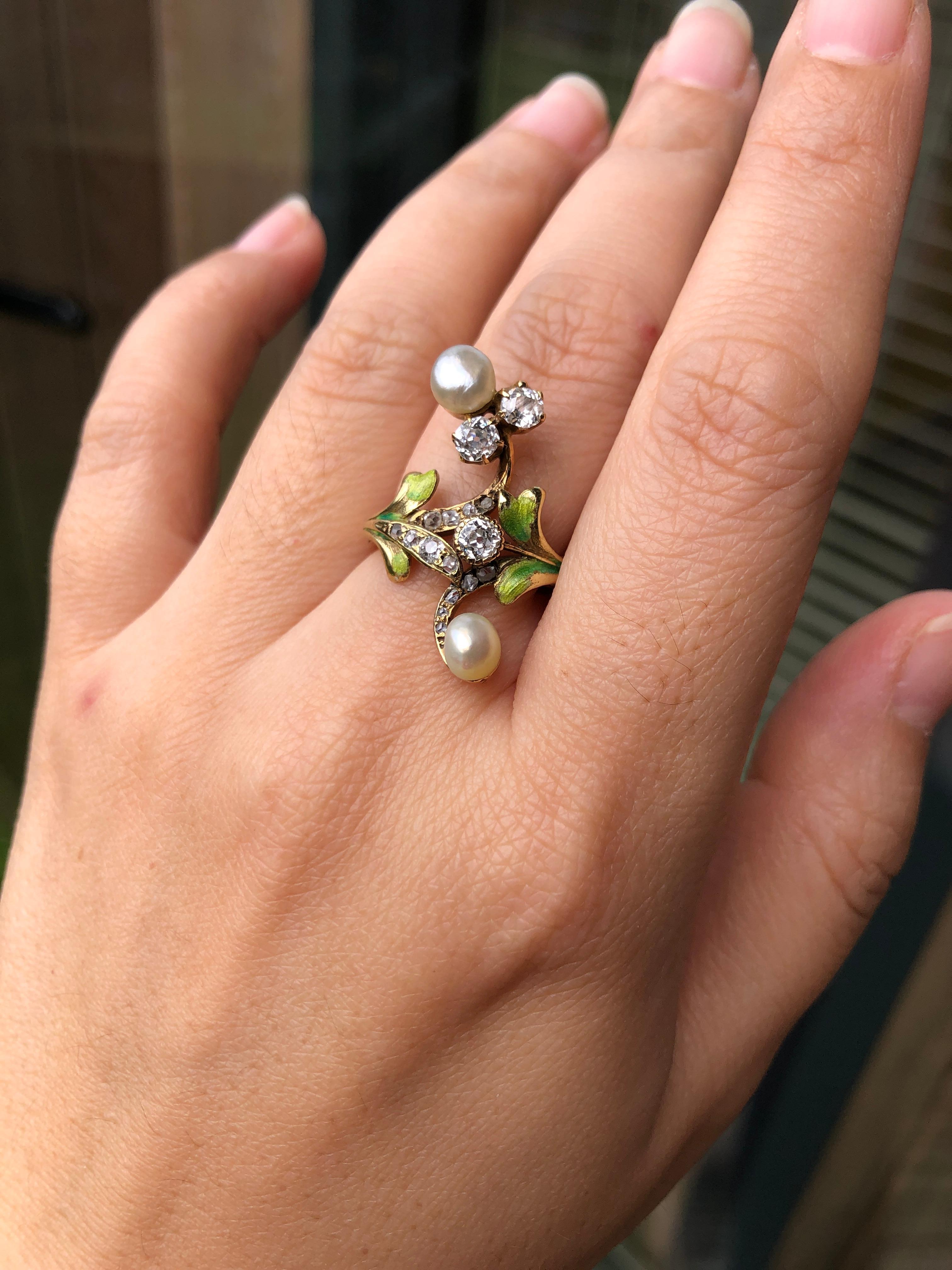 Women's or Men's Art Nouveau Diamond and Natural Pearl Plique A Jour Enamel Antique Ring