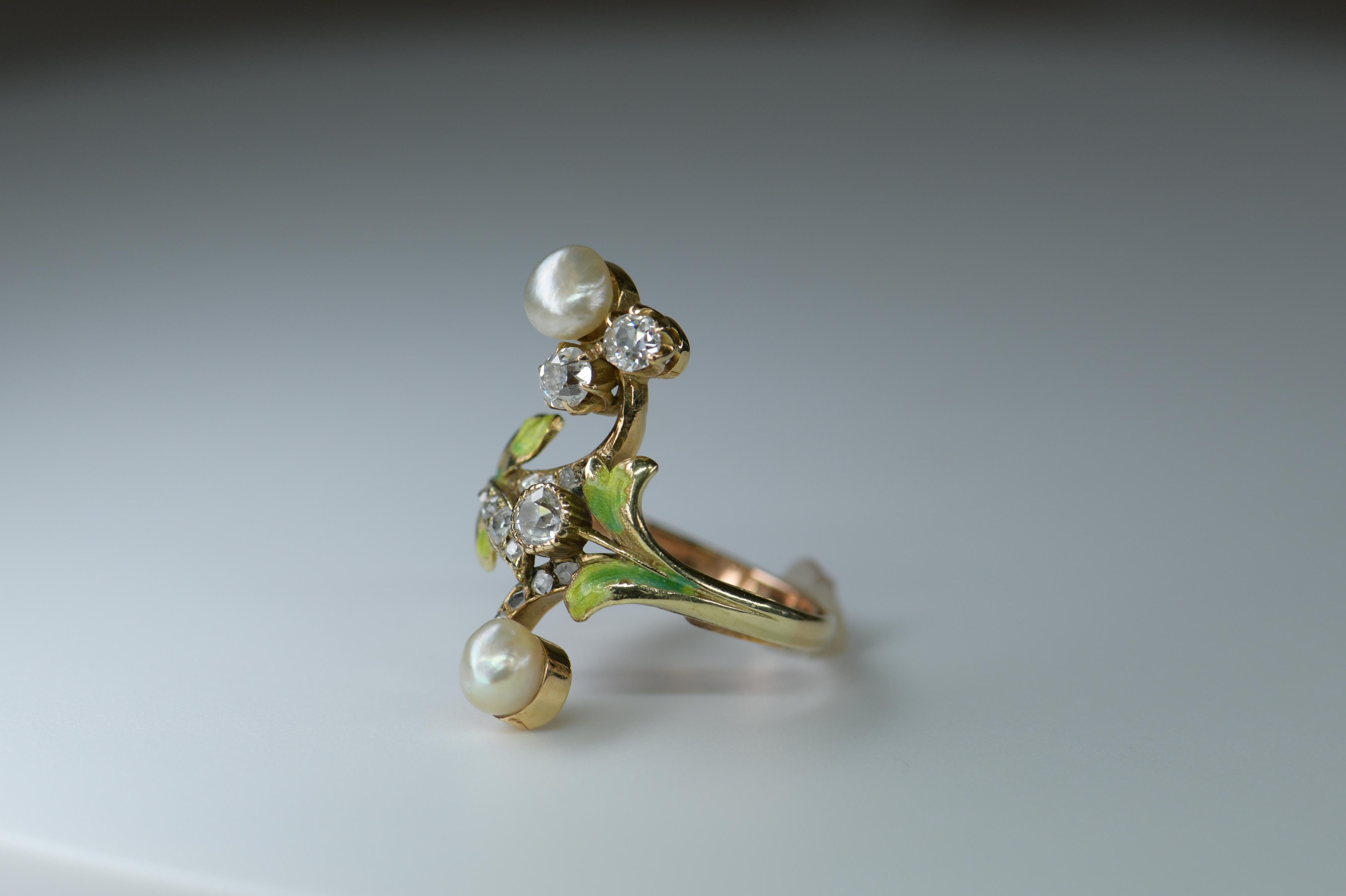Art Nouveau Diamond and Natural Pearl Plique A Jour Enamel Antique Ring 1