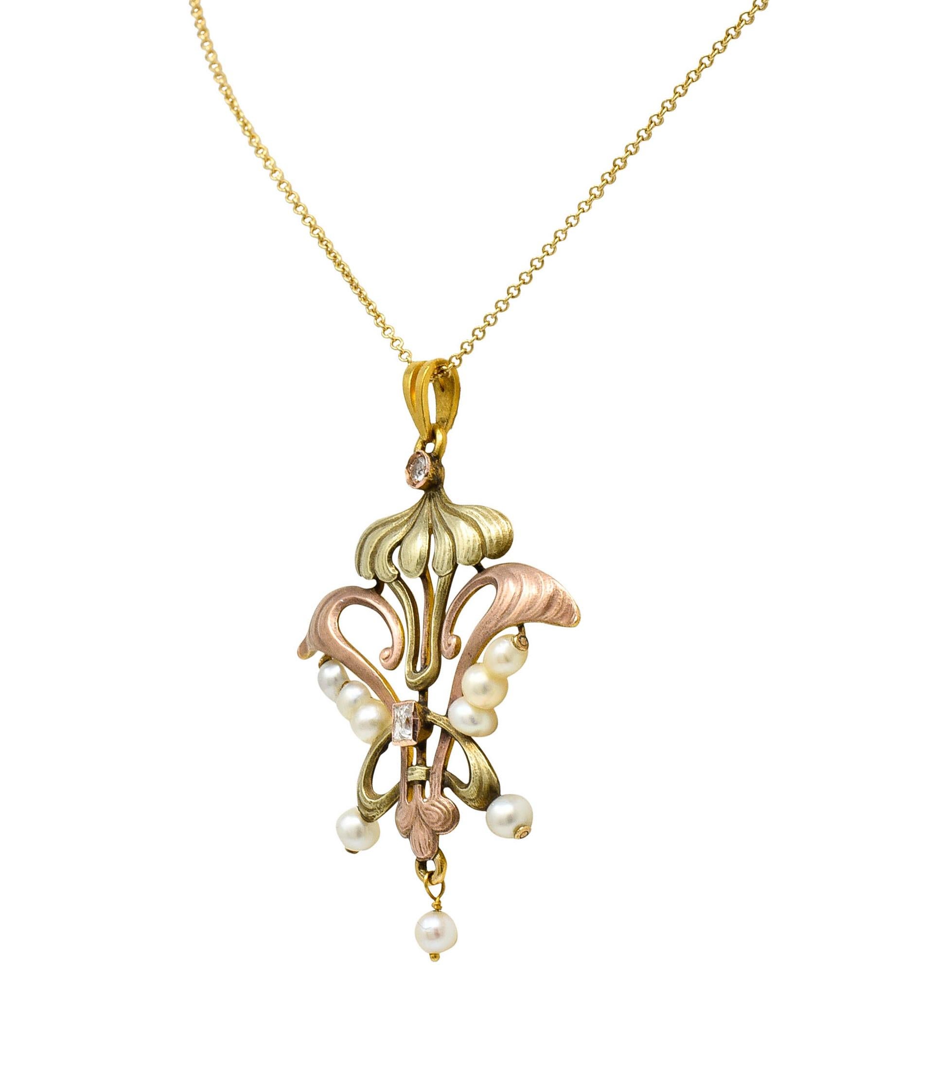 Old European Cut Art Nouveau Diamond Pearl 14 Karat Tri-Colored Gold Whiplash Pendant Necklace