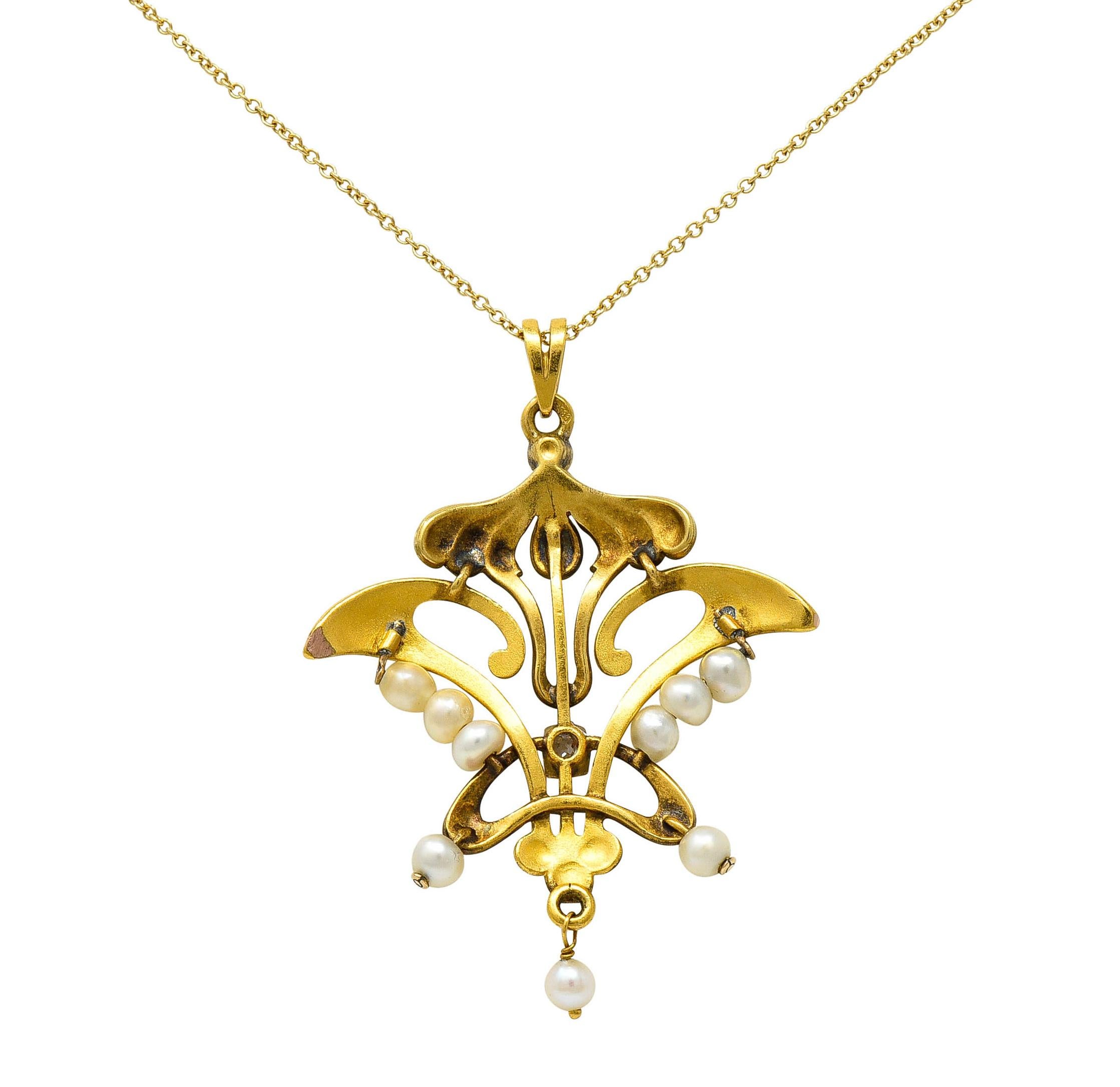 Art Nouveau Diamond Pearl 14 Karat Tri-Colored Gold Whiplash Pendant Necklace In Excellent Condition In Philadelphia, PA