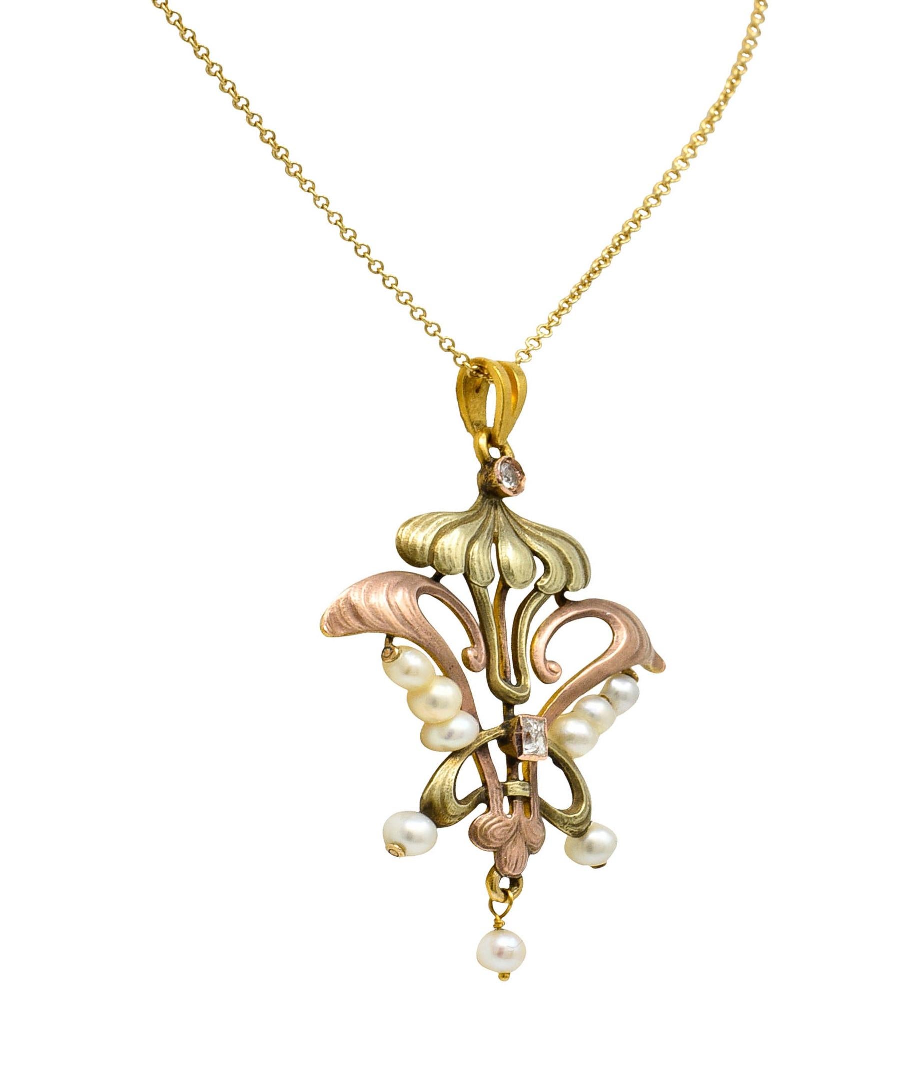 Women's or Men's Art Nouveau Diamond Pearl 14 Karat Tri-Colored Gold Whiplash Pendant Necklace