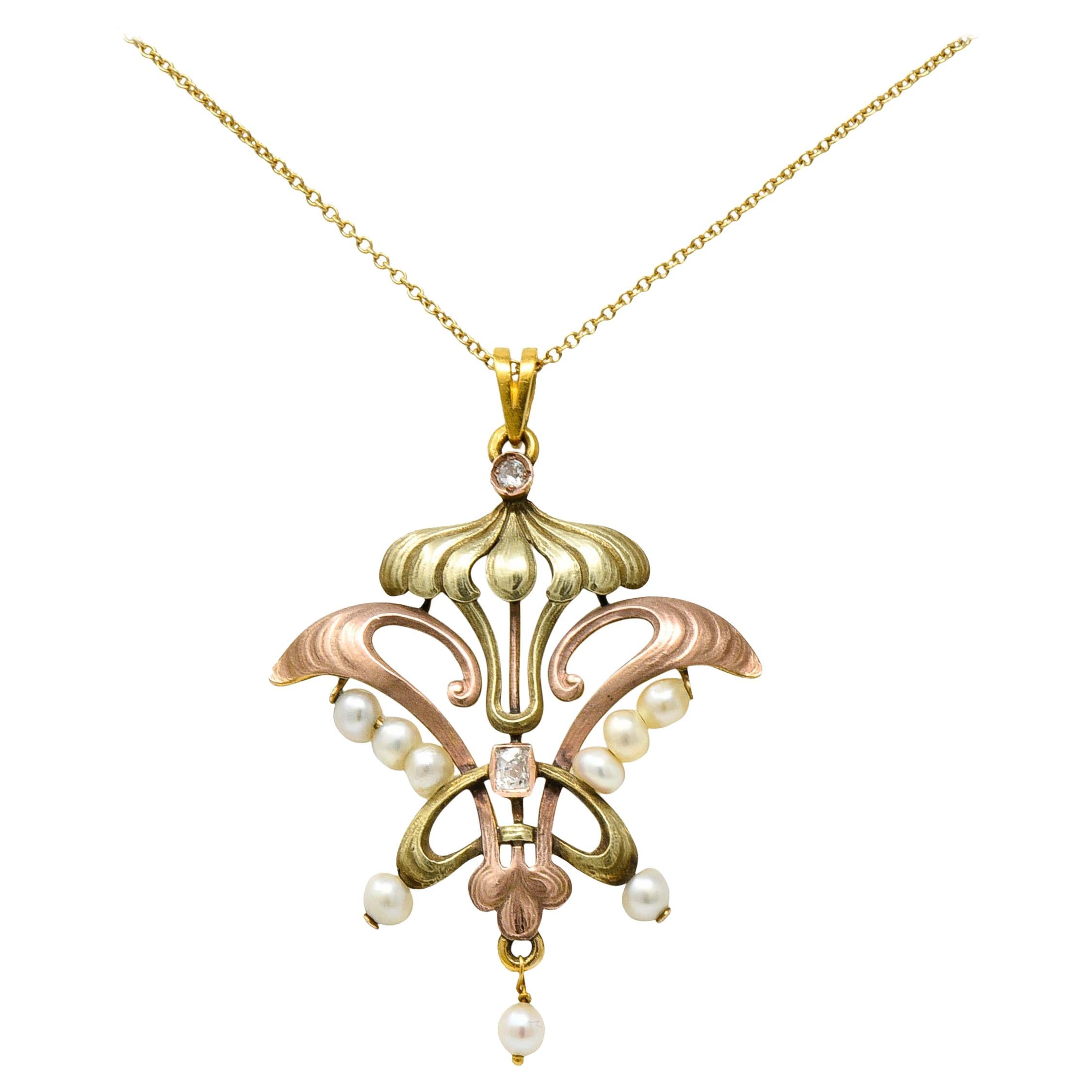 Art Nouveau Diamond Pearl 14 Karat Tri-Colored Gold Whiplash Pendant Necklace