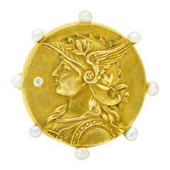 Art Nouveau Diamond Pearl 14 Karat Yellow Gold Greek Goddess Athena Brooch