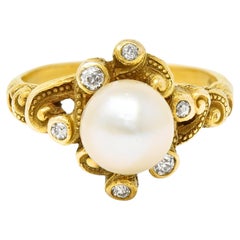 Art Nouveau Diamond Pearl 18 Karat Yellow Gold Swirl Antique Ring