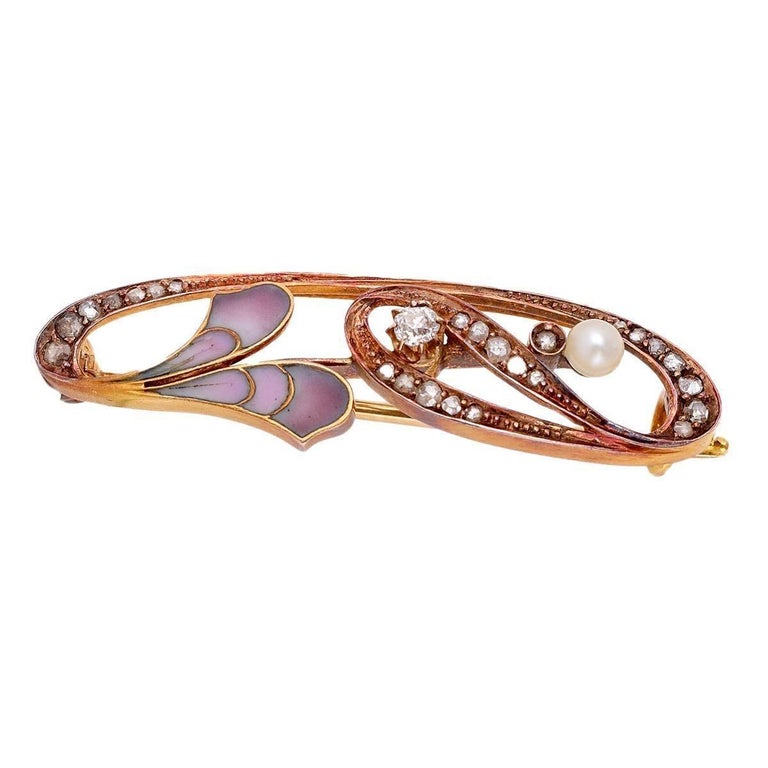 Art Nouveau Diamond Pearl 18k Yellow Gold Enamel Brooch For Sale at 1stDibs