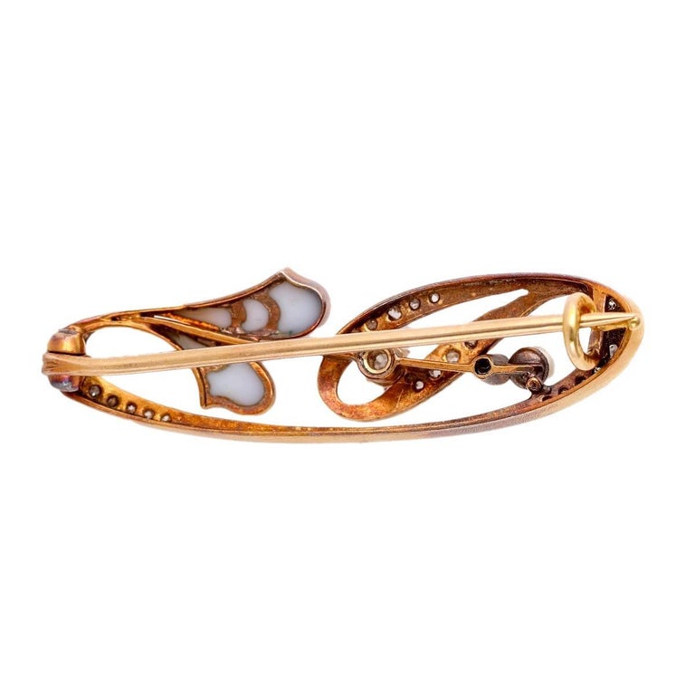 Art Nouveau Diamond Pearl 18k Yellow Gold Enamel Brooch For Sale at 1stDibs