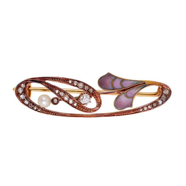 Art Nouveau Diamond Pearl 18k Yellow Gold Enamel Brooch For Sale at 1stDibs