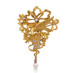 Art Nouveau diamond pearl dove floral bouquet 18k yellow gold brooch