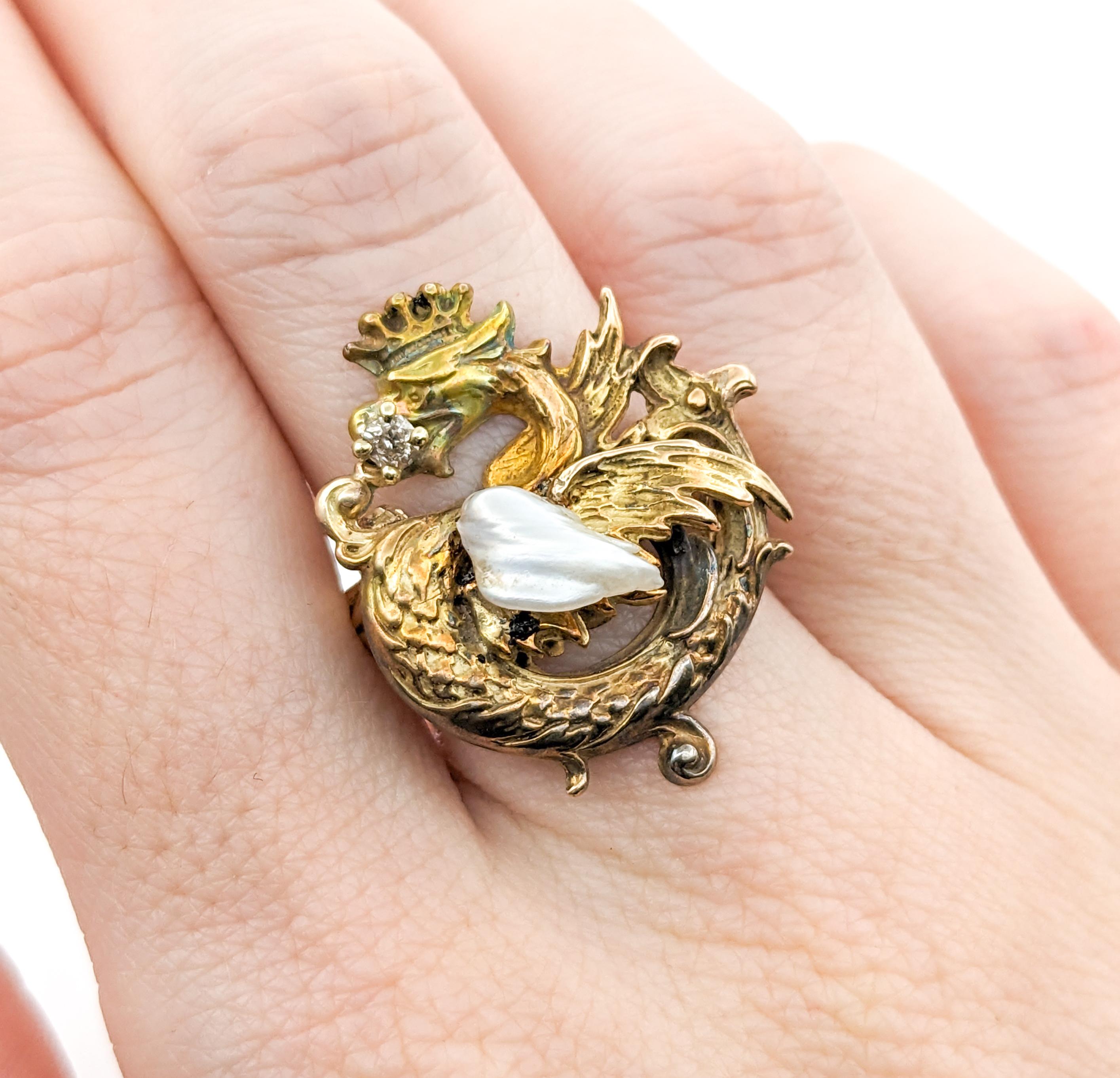 Art Nouveau Diamond & Pearl Dragon Ring In Yellow Gold For Sale 5