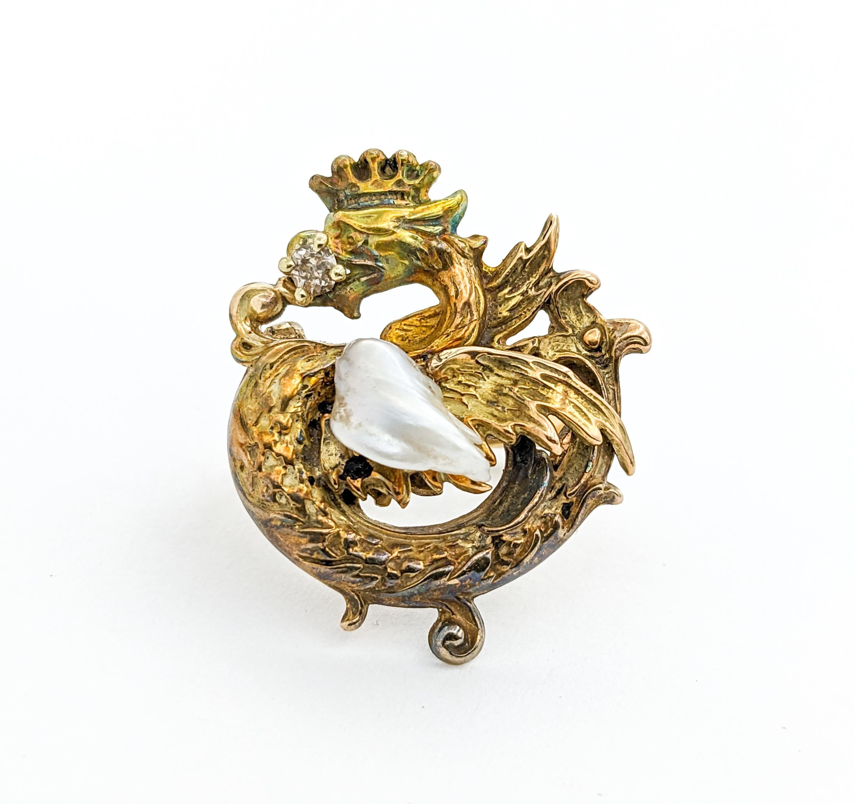 Old Mine Cut Art Nouveau Diamond & Pearl Dragon Ring In Yellow Gold For Sale