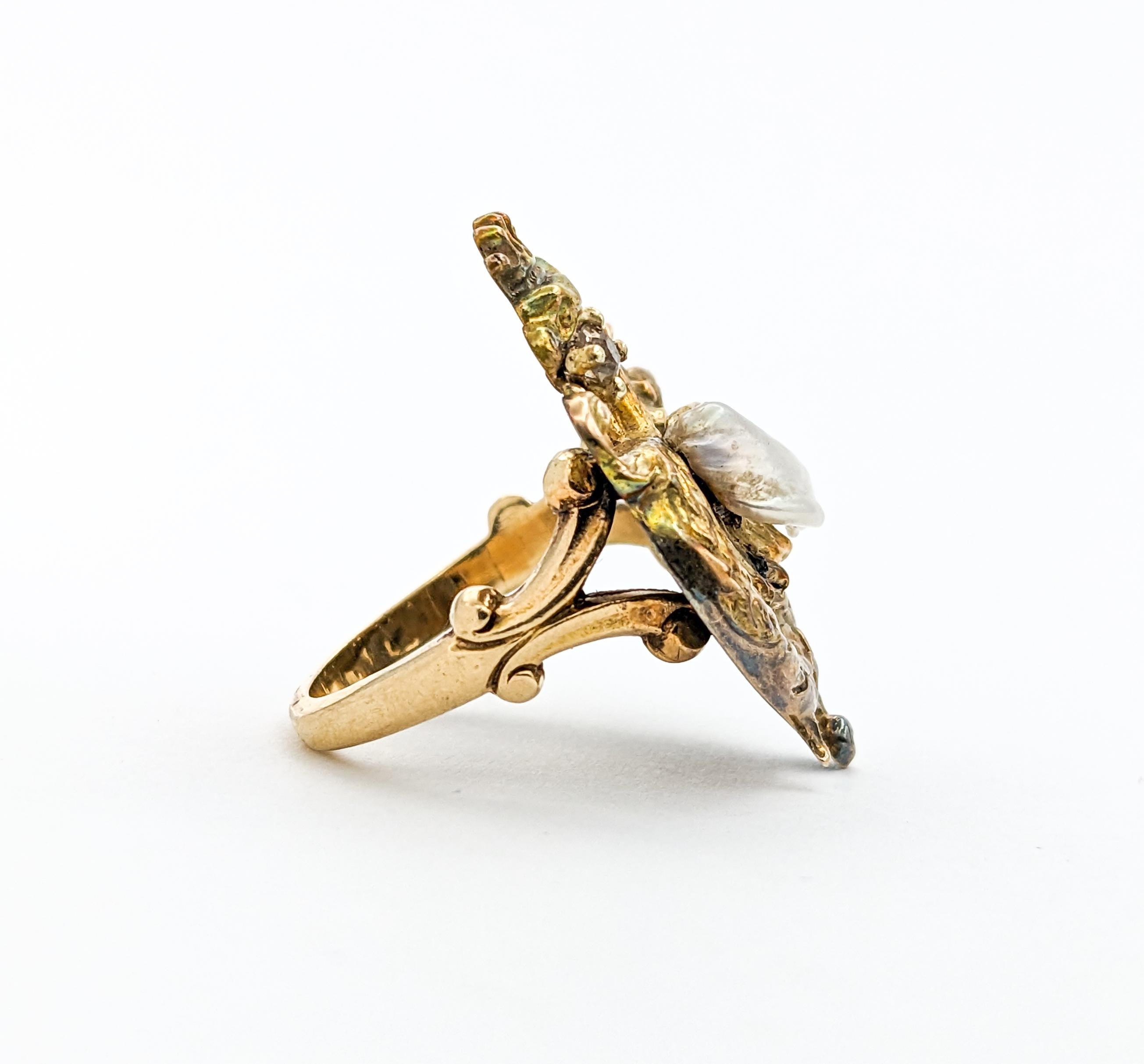 Art Nouveau Diamond & Pearl Dragon Ring In Yellow Gold In Excellent Condition For Sale In Bloomington, MN