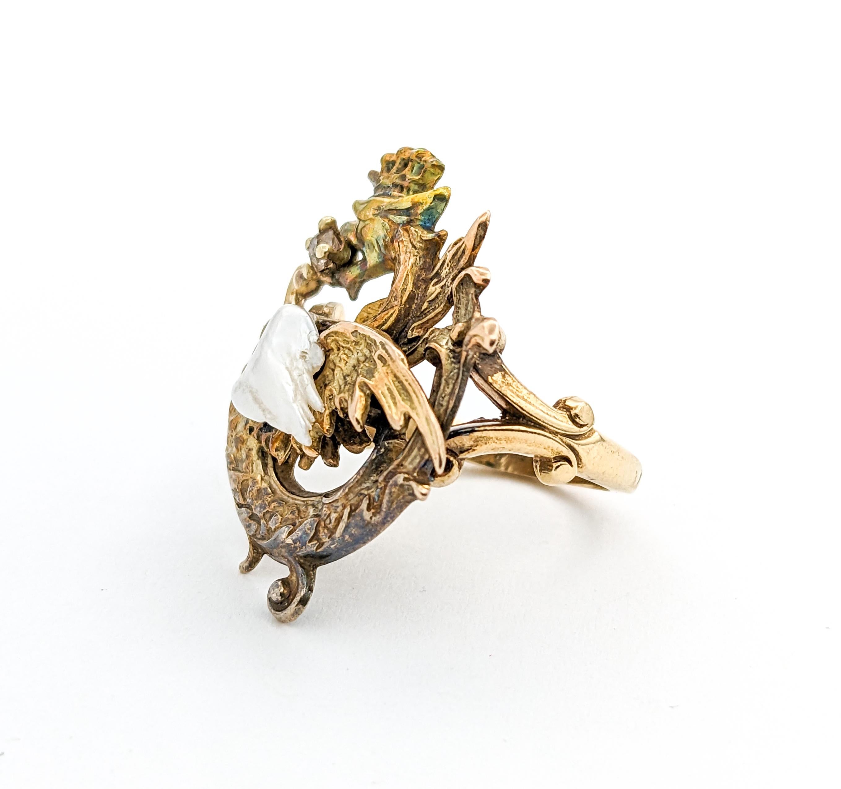 Women's Art Nouveau Diamond & Pearl Dragon Ring In Yellow Gold For Sale