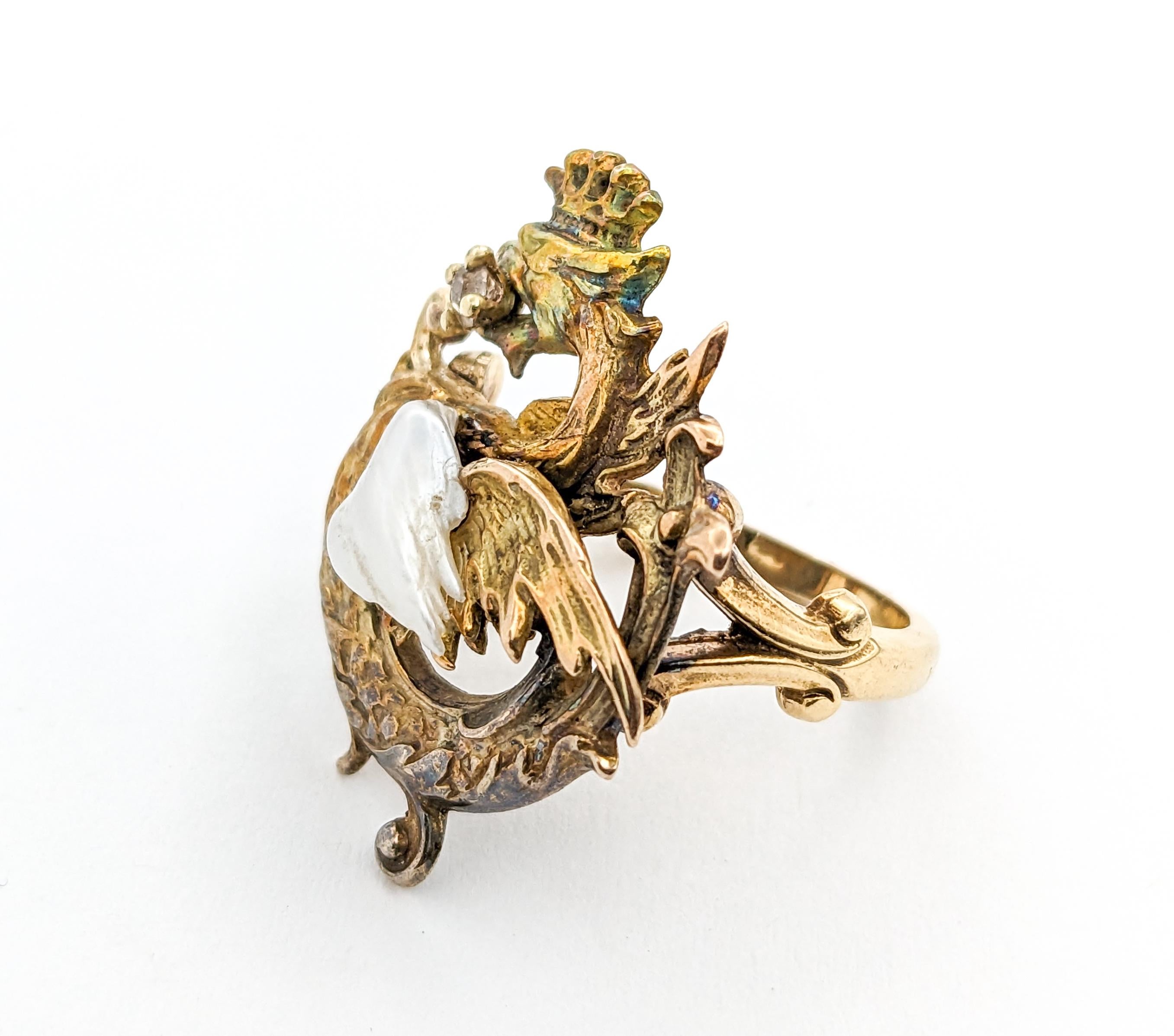 Art Nouveau Diamond & Pearl Dragon Ring In Yellow Gold For Sale 1