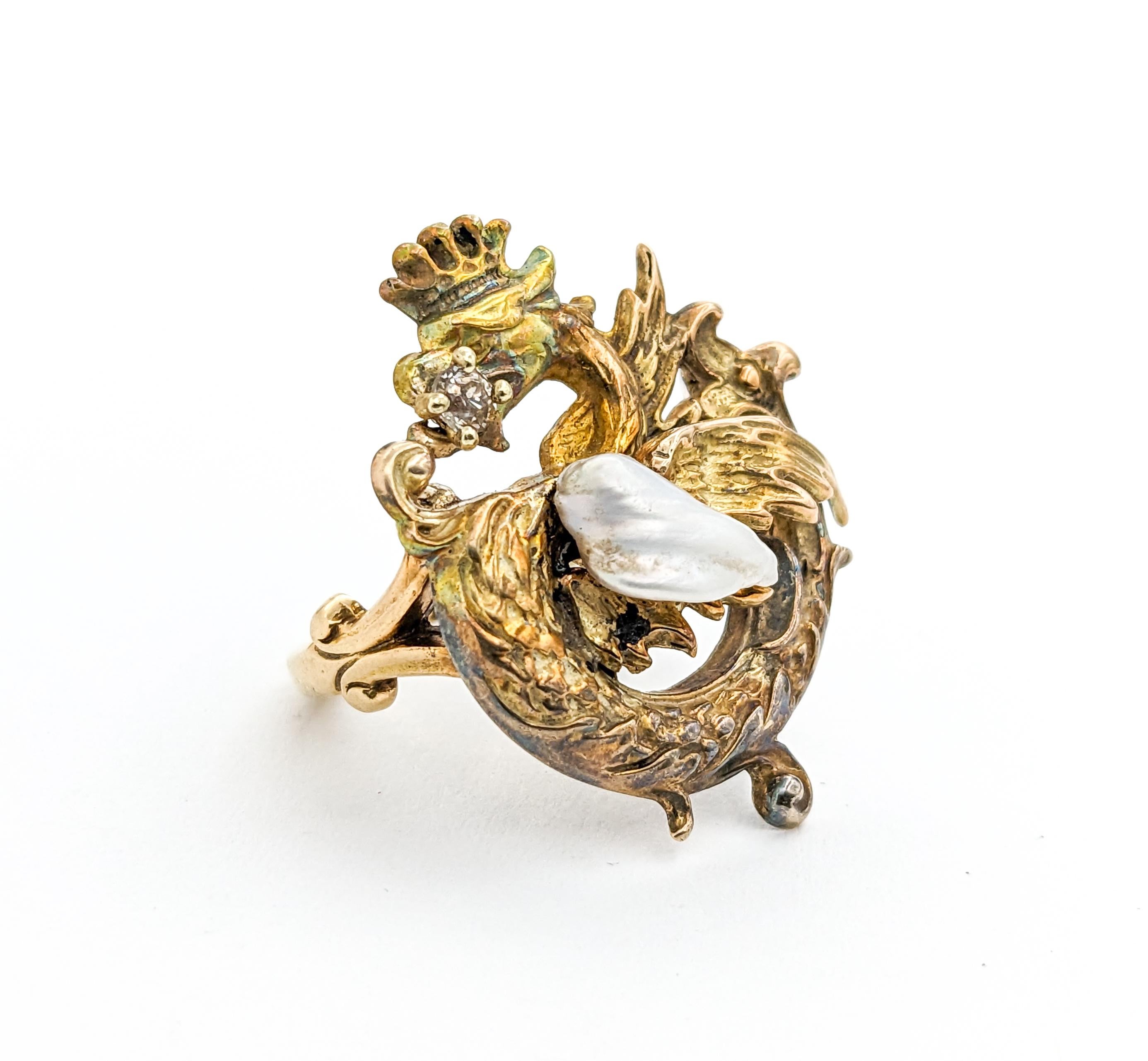 Art Nouveau Diamond & Pearl Dragon Ring In Yellow Gold For Sale 2
