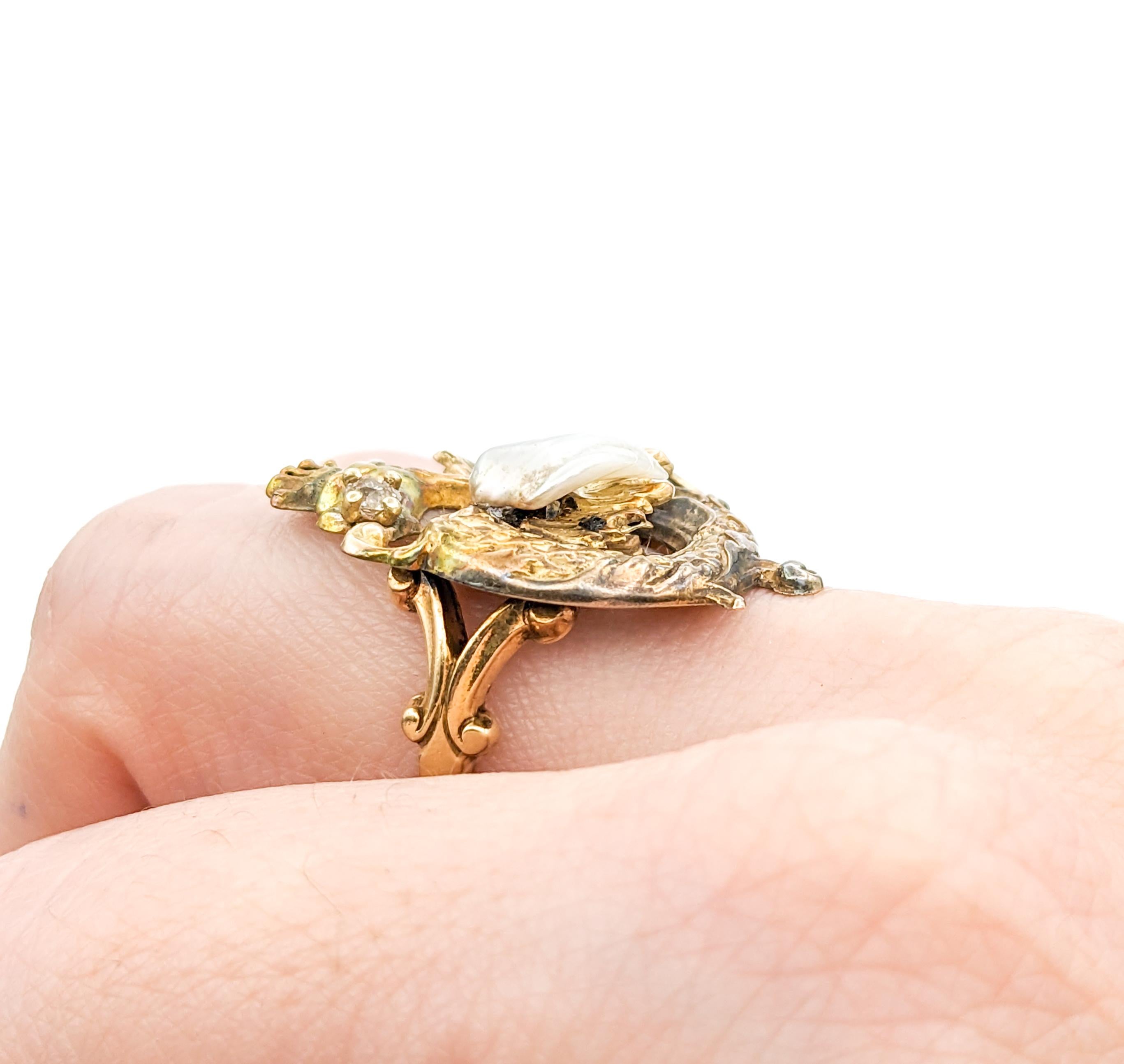 Art Nouveau Diamond & Pearl Dragon Ring In Yellow Gold For Sale 4