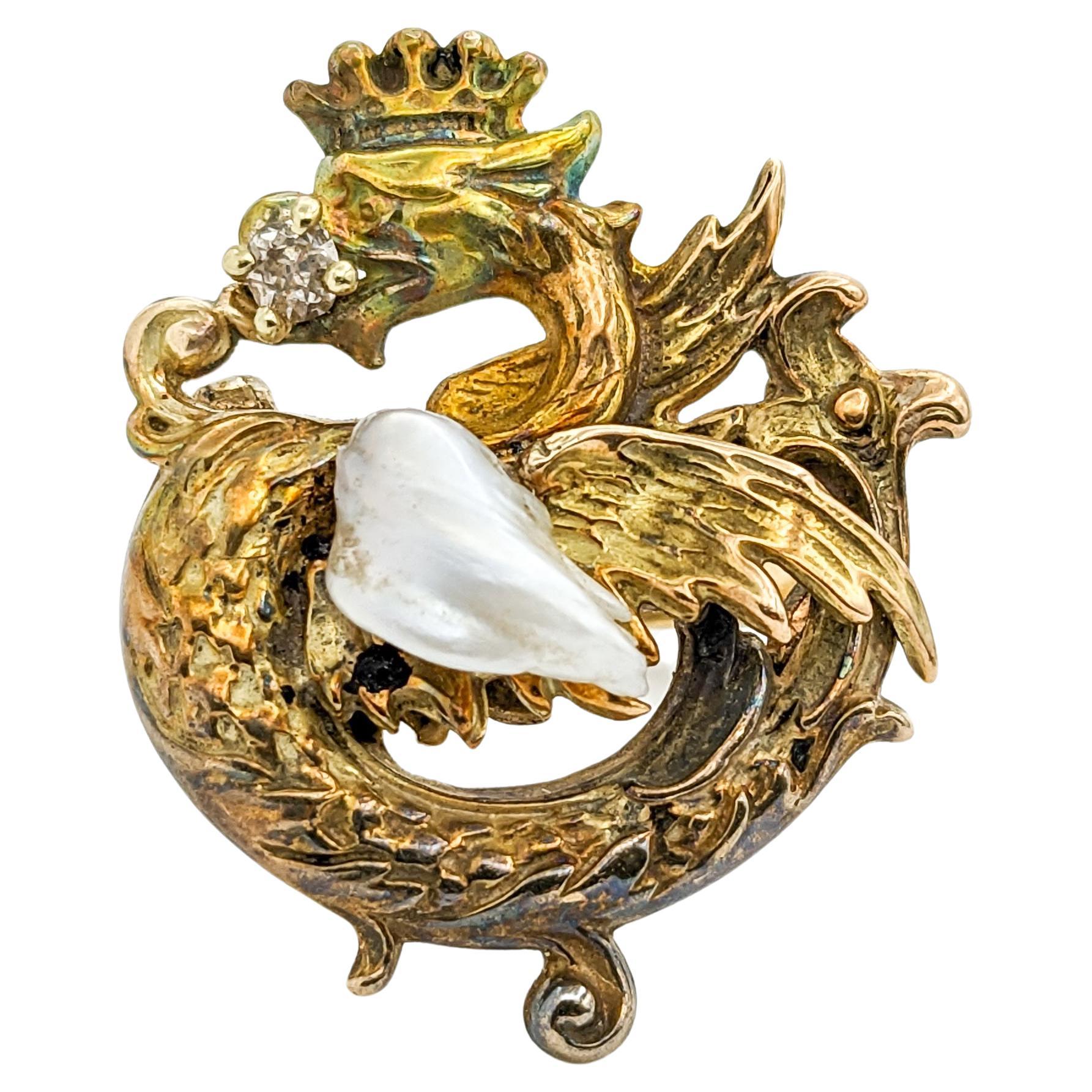 Art Nouveau Diamond & Pearl Dragon Ring In Yellow Gold For Sale