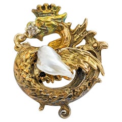Jugendstil-Ring aus Gelbgold mit Diamant und Perle mit Drachen in Gelbgold
