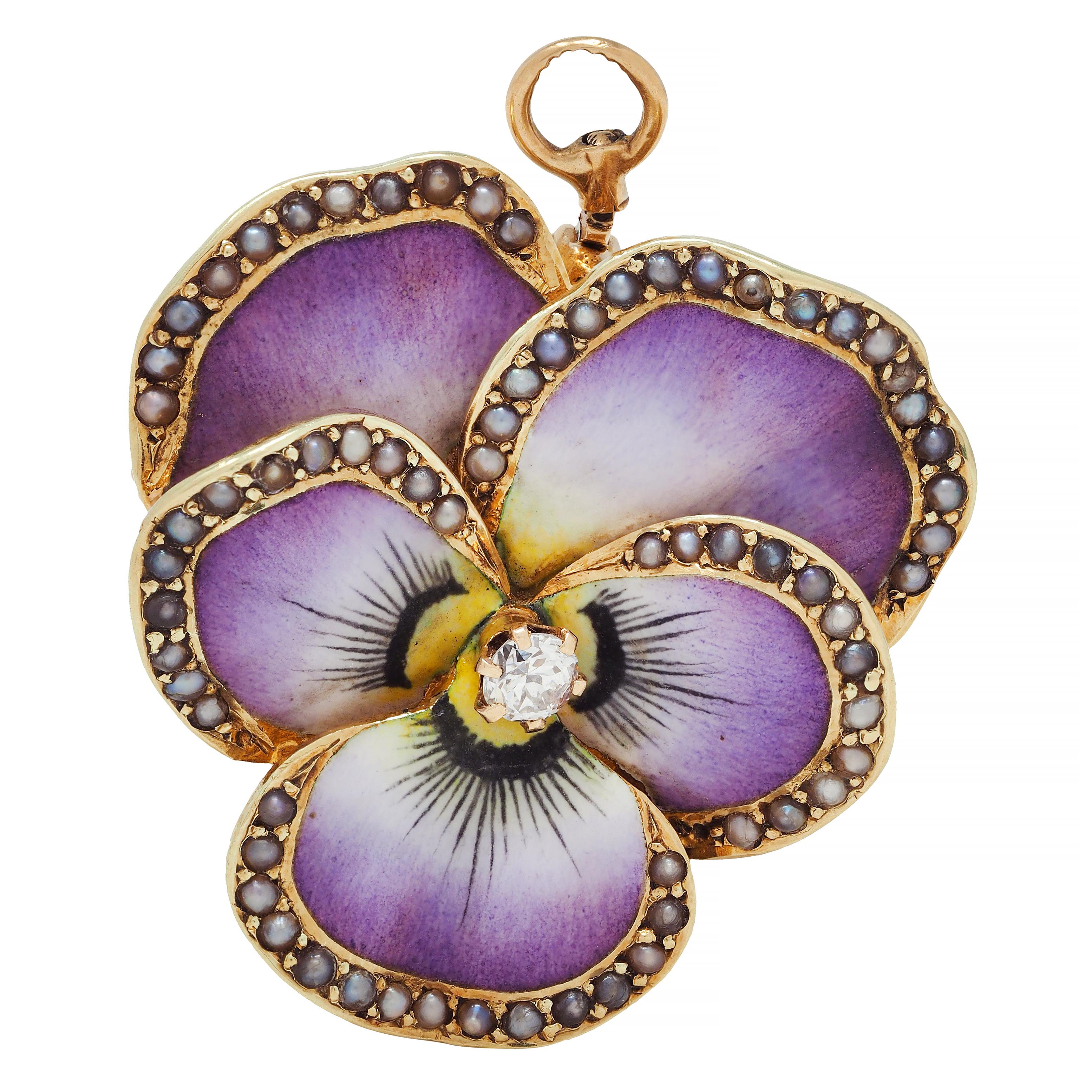 Pendant brooch is designed as a pansy flower with delicately painted matte enamel petals
Opaque purple, maroon, white, and yellow - exhibiting minimal loss
With bead set seed pearls along petal edges measuring 1.0 mm each
Ranging from cream to black