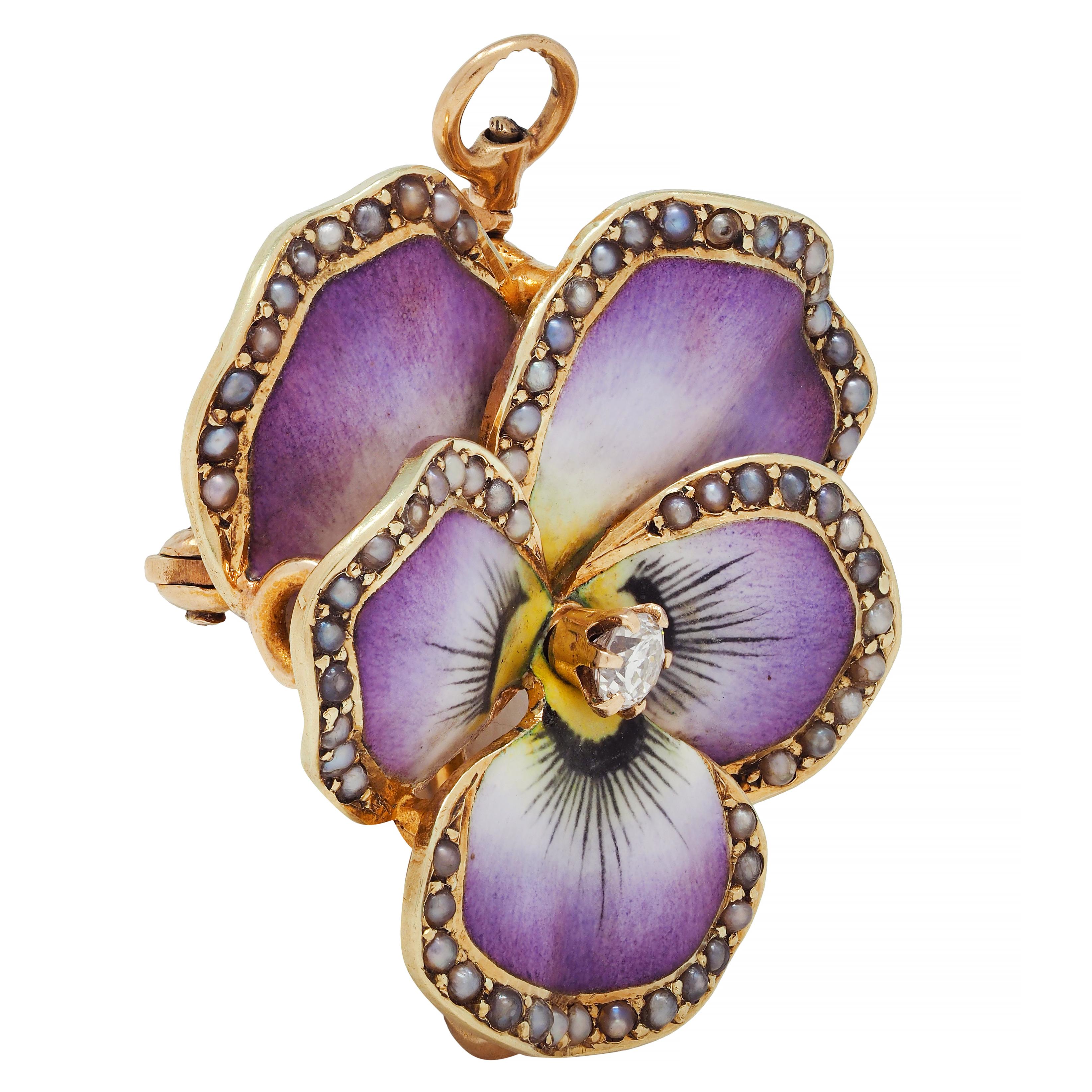 Single Cut Art Nouveau Diamond Pearl Enamel 14 Karat Gold Pansy Antique Pendant Brooch