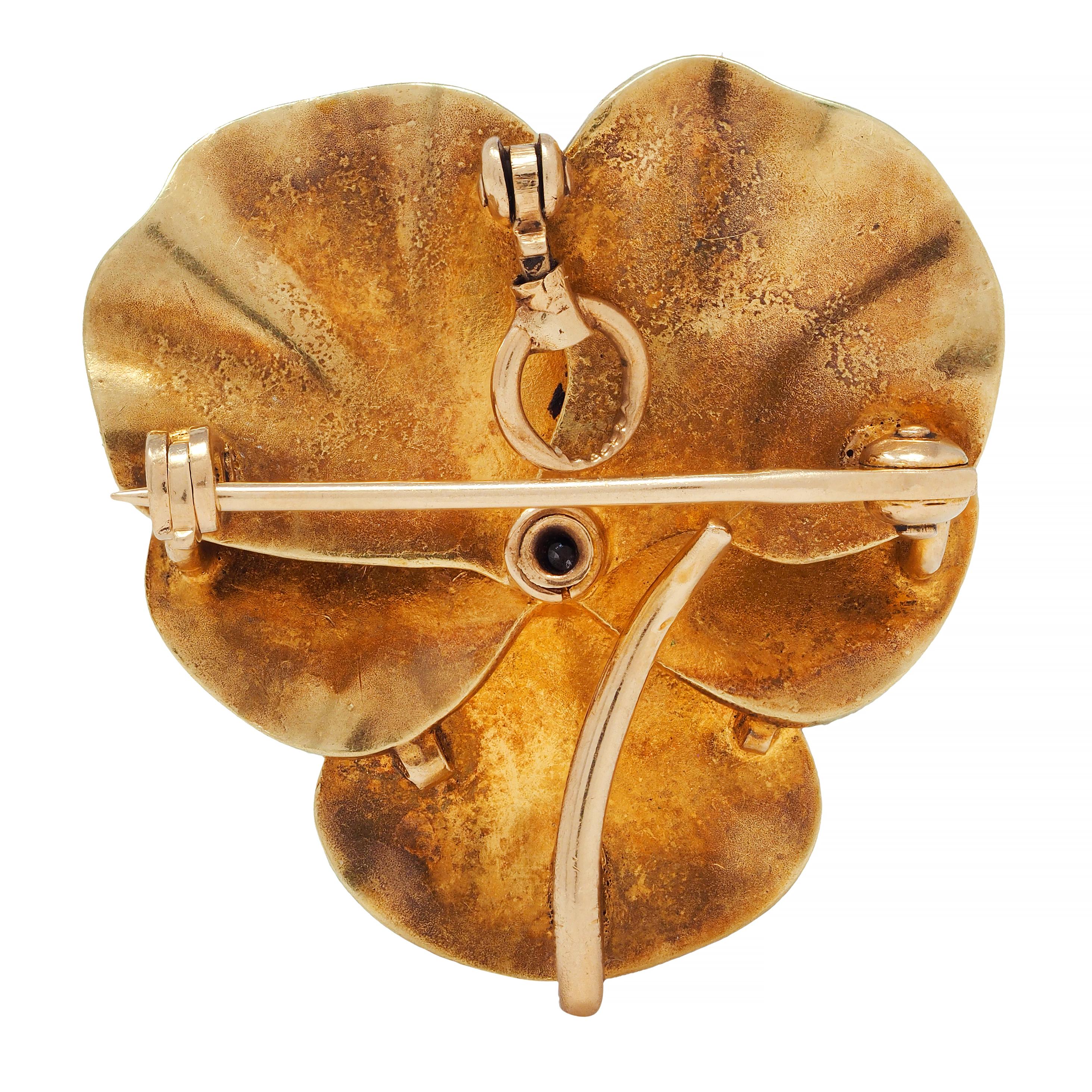 Art Nouveau Diamond Pearl Enamel 14 Karat Gold Pansy Antique Pendant Brooch 1