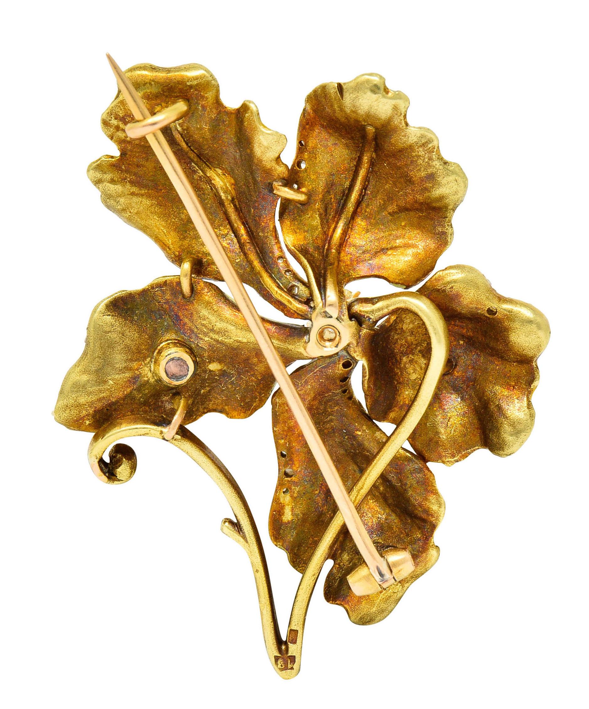 Old European Cut Art Nouveau Diamond Pearl Enamel 18 Karat Gold Flower Brooch