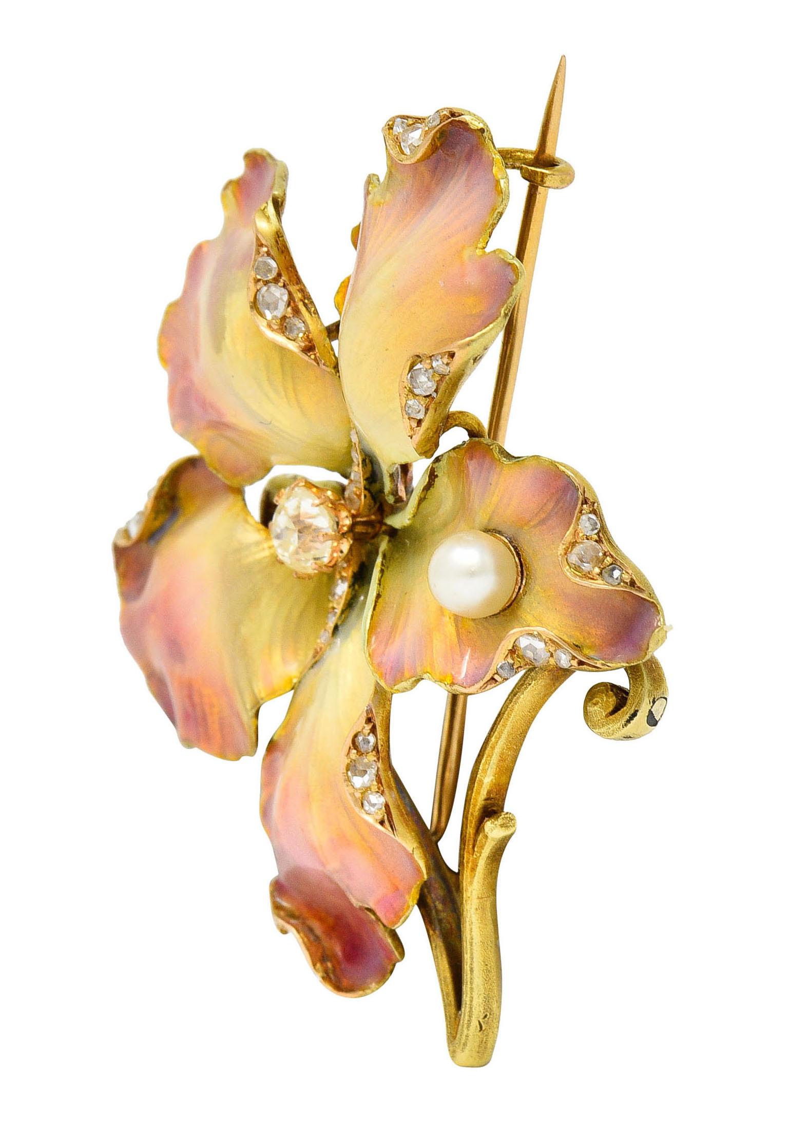 Art Nouveau Diamond Pearl Enamel 18 Karat Gold Flower Brooch In Excellent Condition In Philadelphia, PA