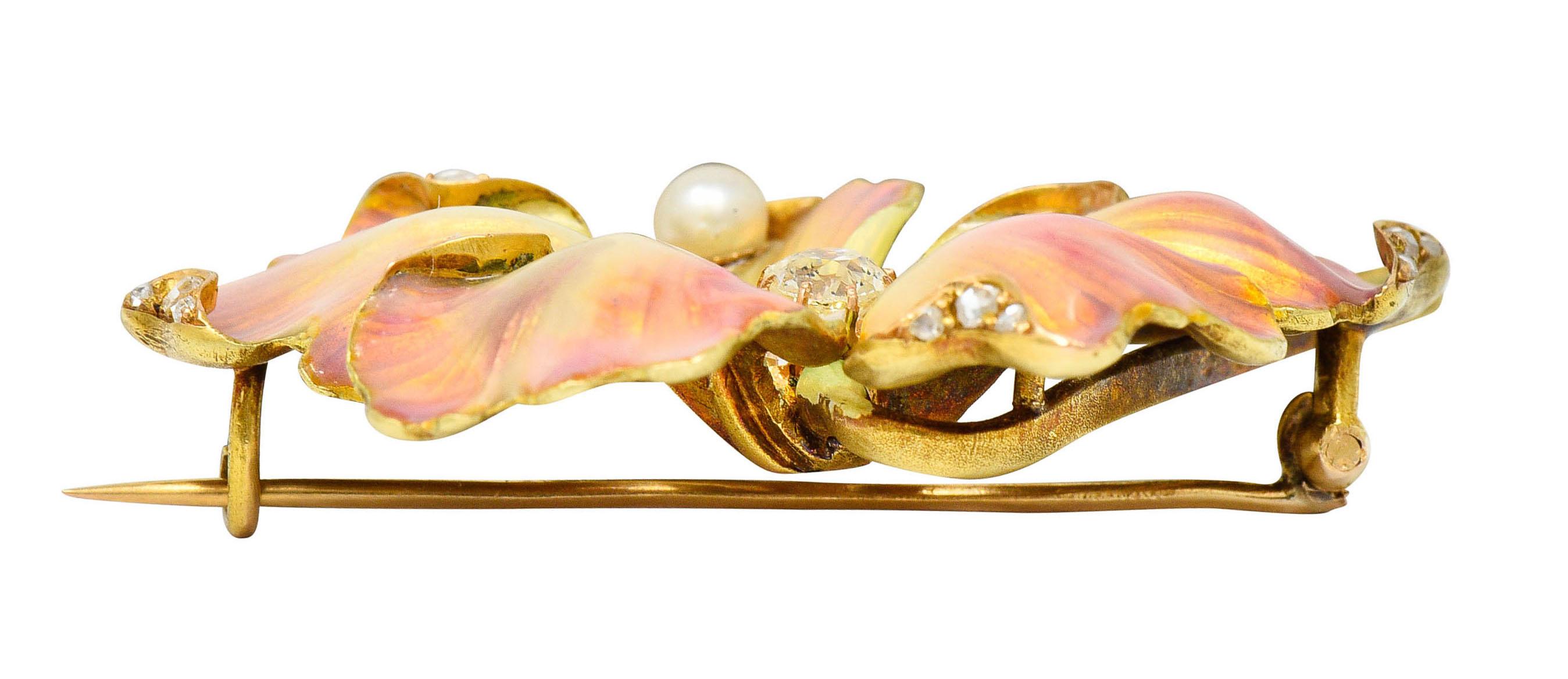 Art Nouveau Diamond Pearl Enamel 18 Karat Gold Flower Brooch 1