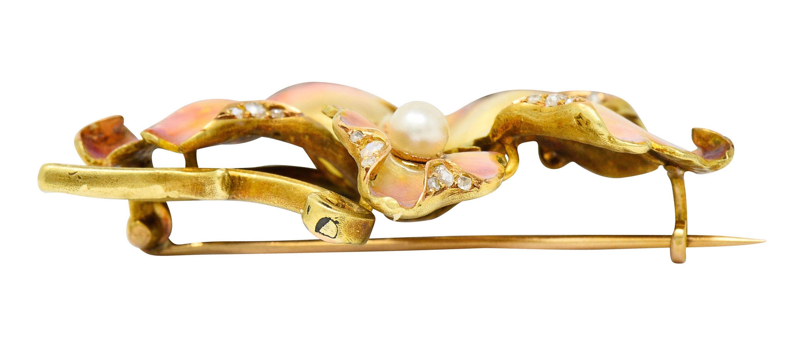 Art Nouveau Diamond Pearl Enamel 18 Karat Gold Flower Brooch 2