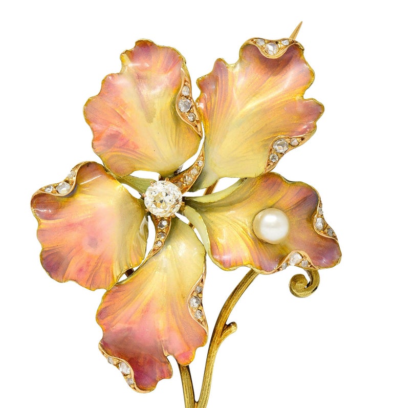 Art Nouveau Diamond Pearl Enamel 18 Karat Gold Flower Brooch For Sale ...