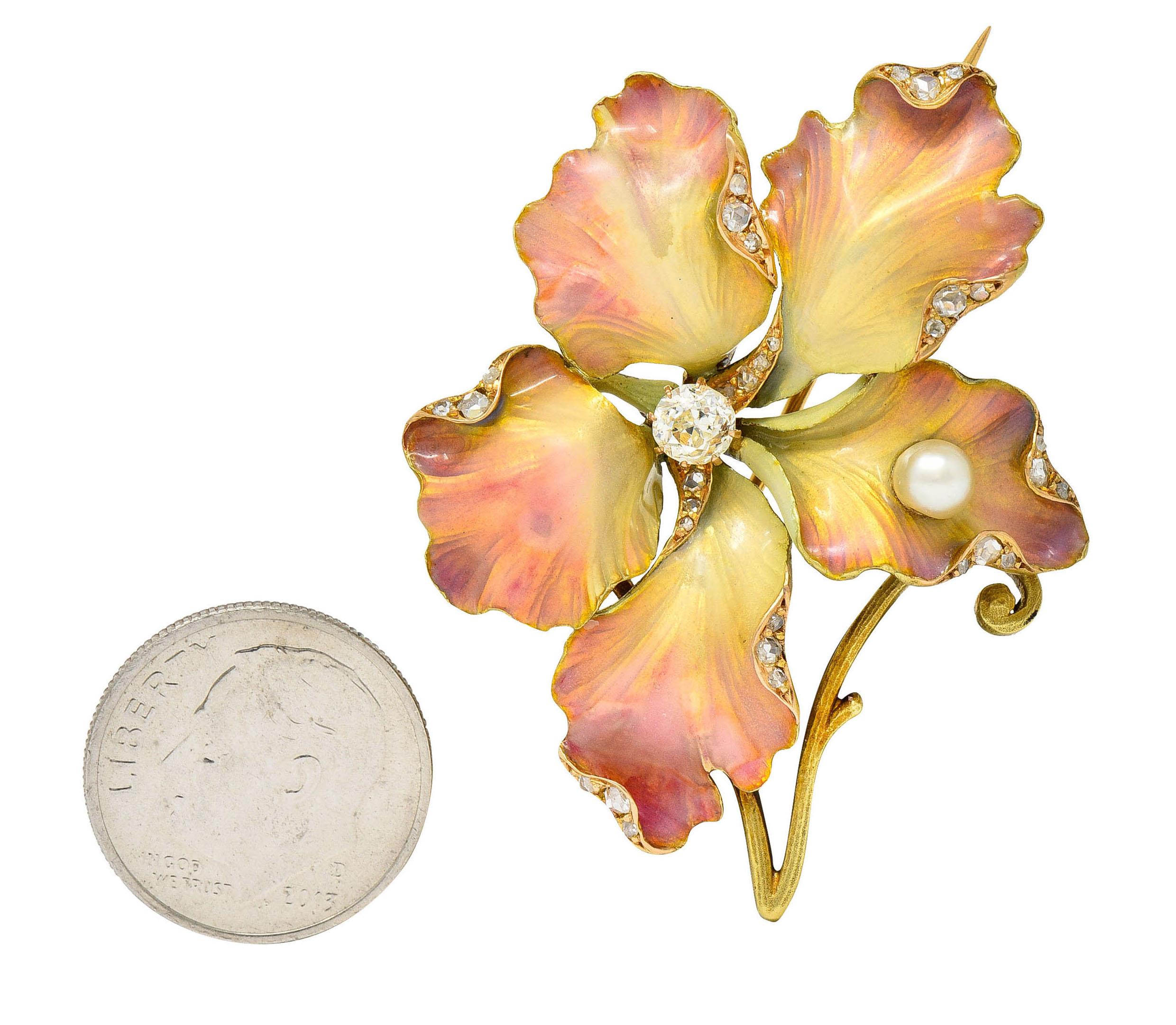 Art Nouveau Diamond Pearl Enamel 18 Karat Gold Flower Brooch 4