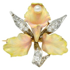 Art Nouveau Diamond Pearl Enamel Platinum 14 Karat Gold Daffodil Pendant Brooch