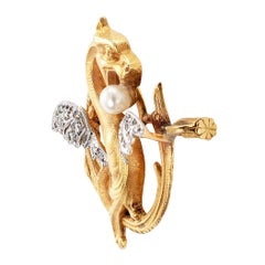 Art Nouveau Diamond Pearl Gold Griffin Brooch