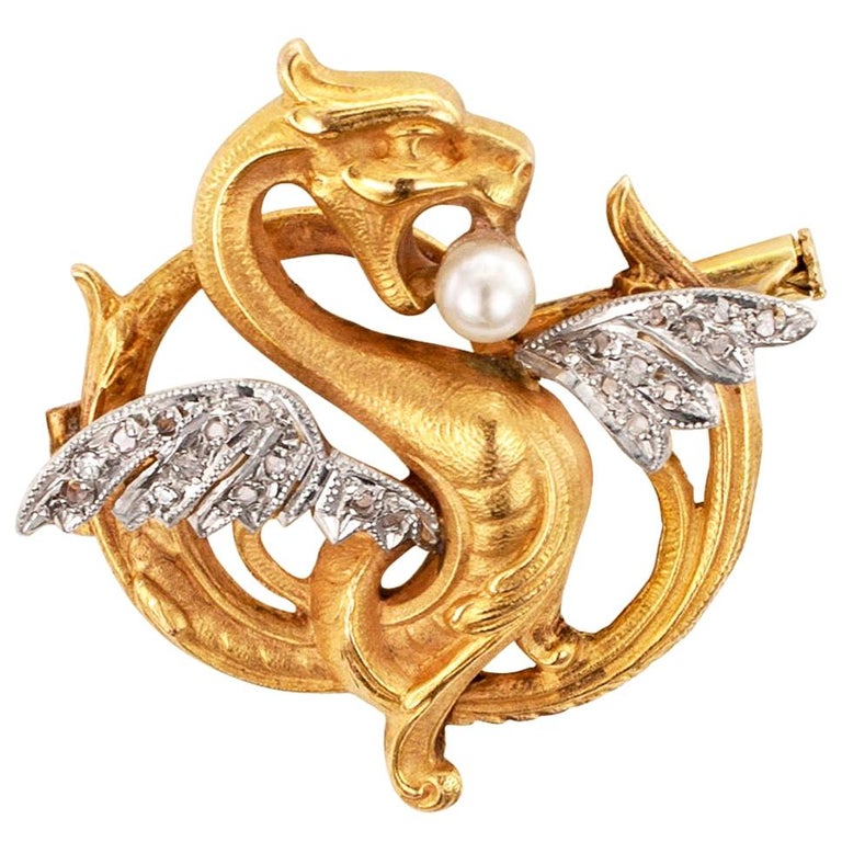 Art Nouveau Diamond Pearl Gold Griffin Brooch at 1stDibs