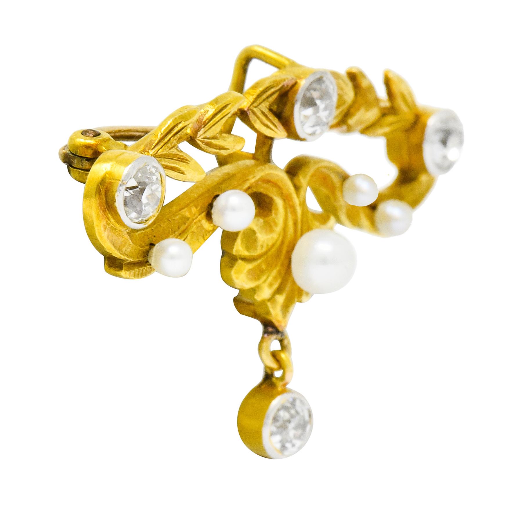 Old European Cut Art Nouveau Diamond Pearl Platinum-Top 14 Karat Gold Articulated Foliate Brooch