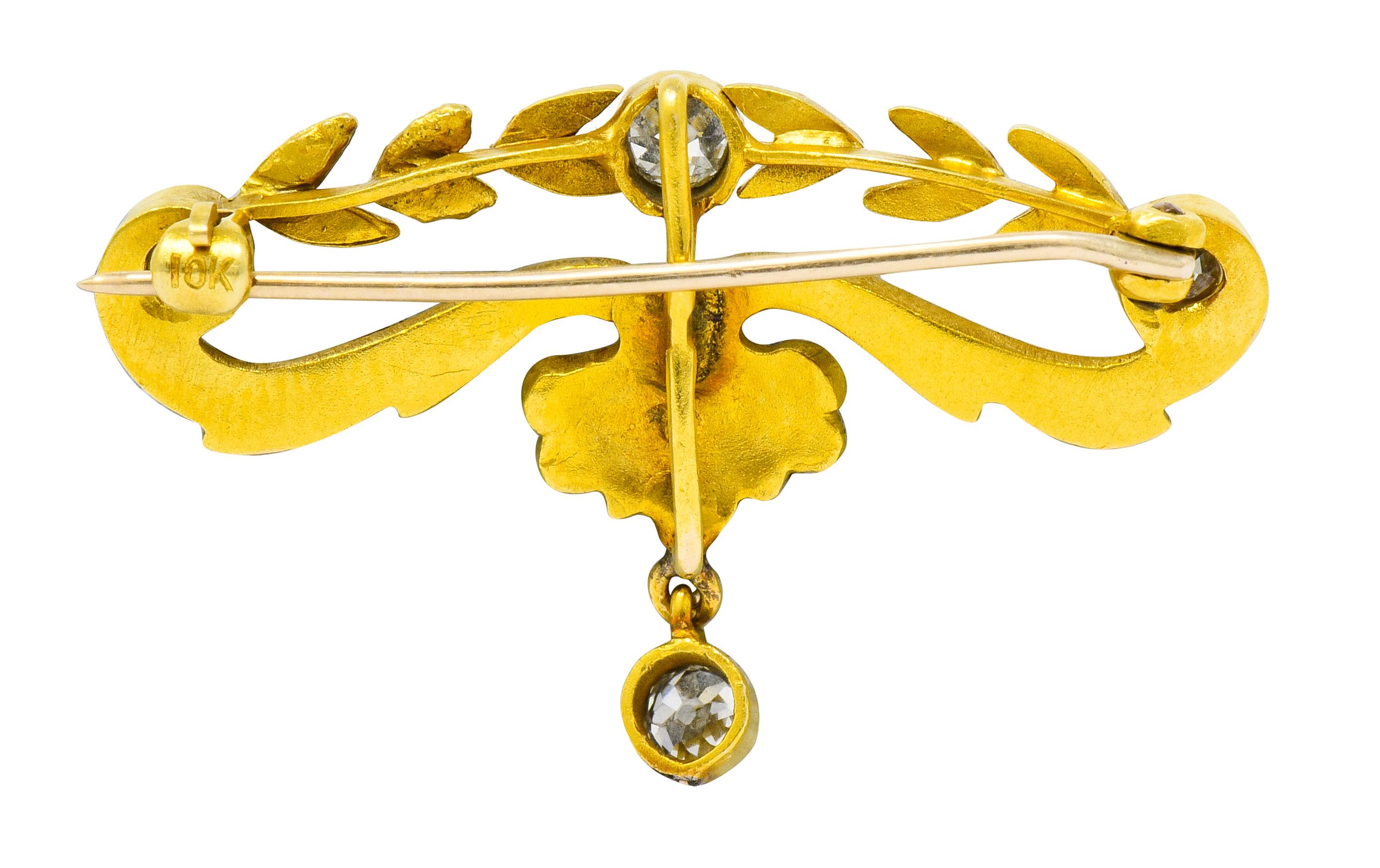 Women's or Men's Art Nouveau Diamond Pearl Platinum-Top 14 Karat Gold Articulated Foliate Brooch