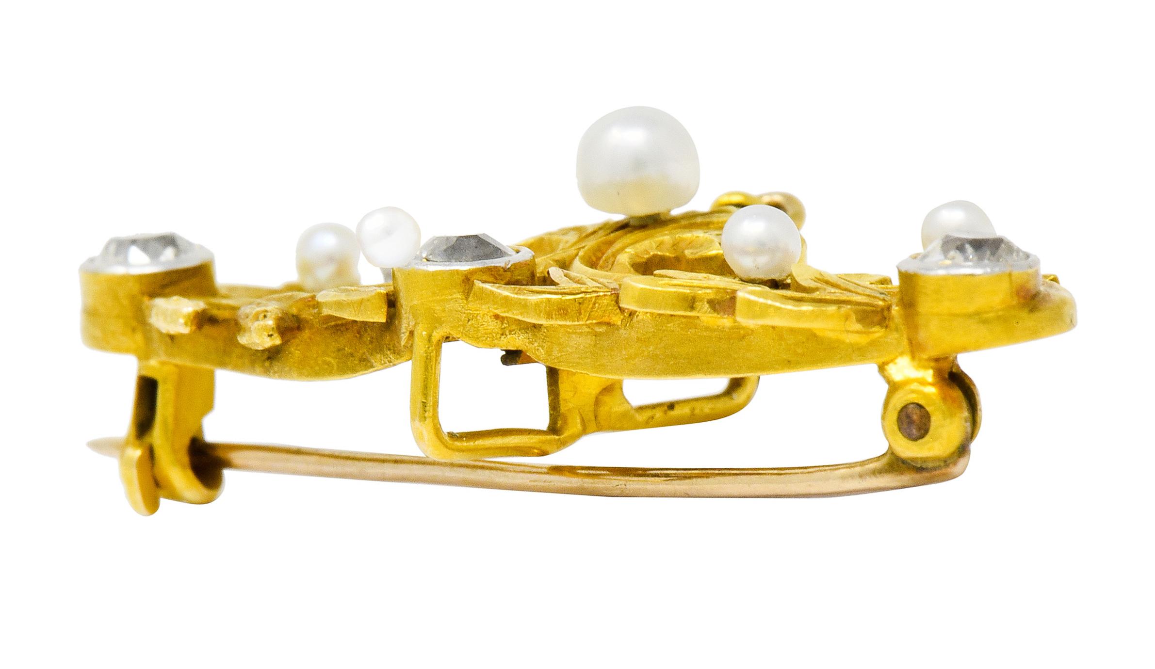 Art Nouveau Diamond Pearl Platinum-Top 14 Karat Gold Articulated Foliate Brooch 2