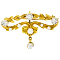 Art Nouveau Diamond Pearl Platinum-Top 14 Karat Gold Articulated Foliate Brooch