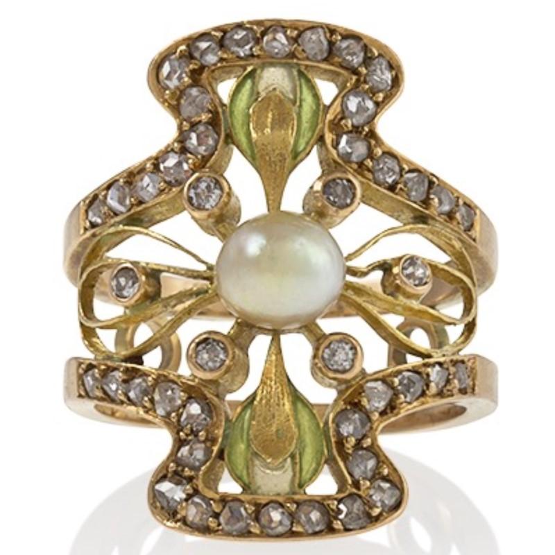 Women's Art Nouveau Diamond Pearl Plique-a-jour Enamel Ring